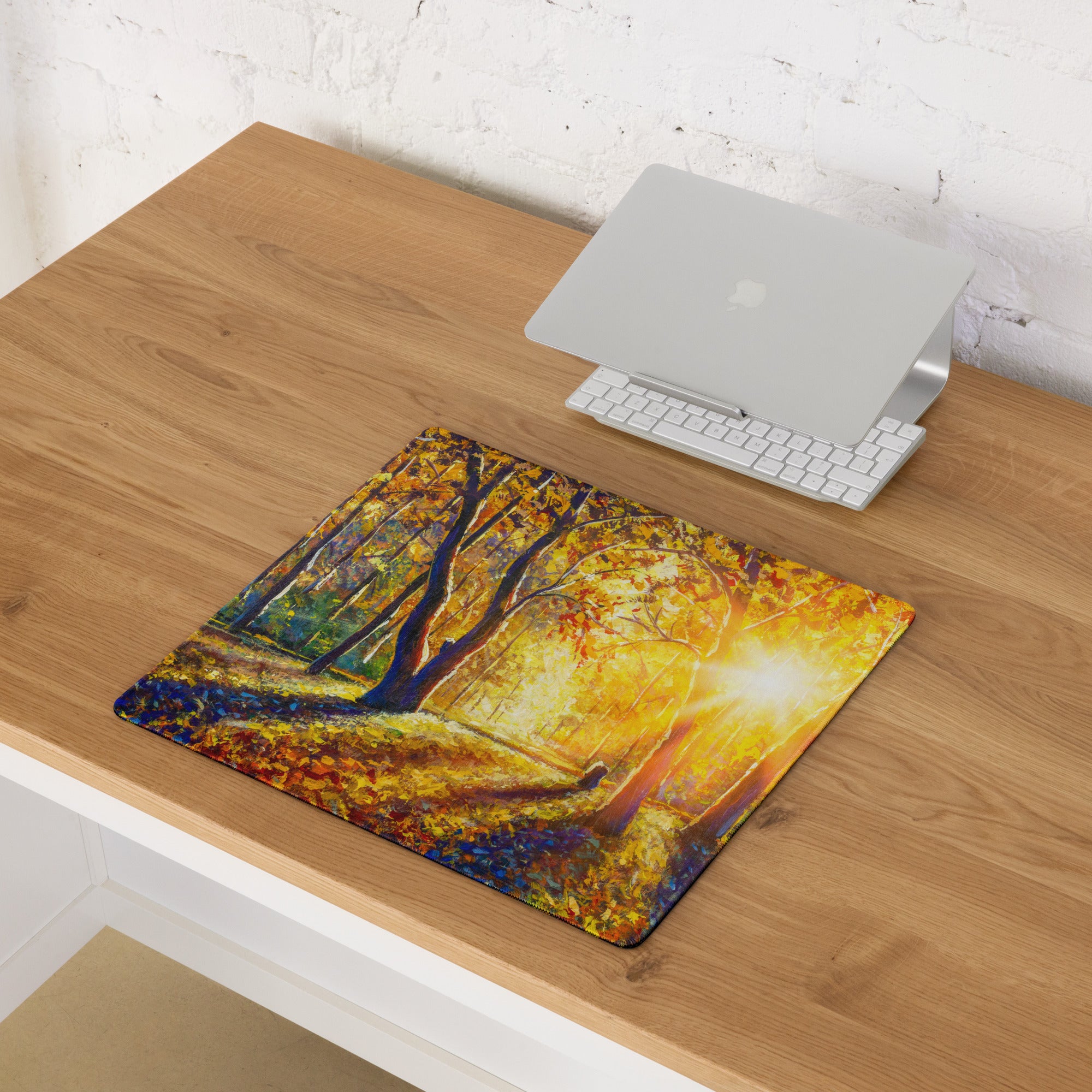 Autumn Forest Glow Mouse Pad - Forest Scene Autumn Ambers Impressionist Style Calm Mood Cozy Decor Digital Painting