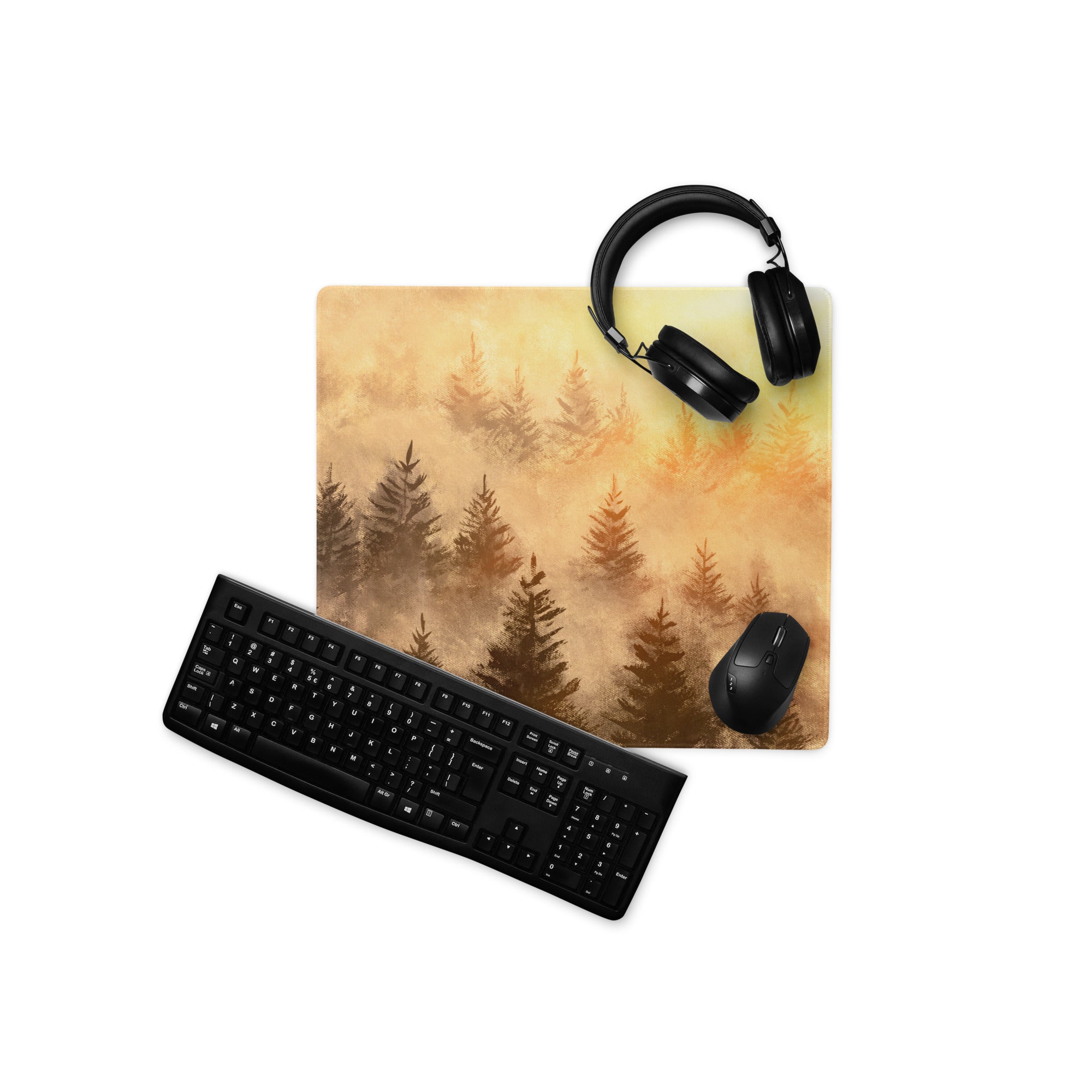 Forest Silhouette Sepia Desk Pad - Forest Silhouette Sepia Desk Pad Minimalist Cozy Vintage Rustic Gaming Illustration