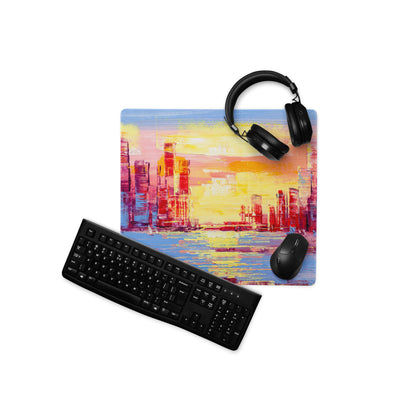 Sunset Cityscape Abstract Mouse Pad - Cityscape Pink Yellow Desk Abstract Mood Vibrant Sunset, Modern Decor, Acrylic