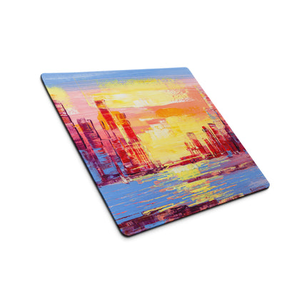 Sunset Cityscape Abstract Mouse Pad - Cityscape Pink Yellow Desk Abstract Mood Vibrant Sunset, Modern Decor, Acrylic