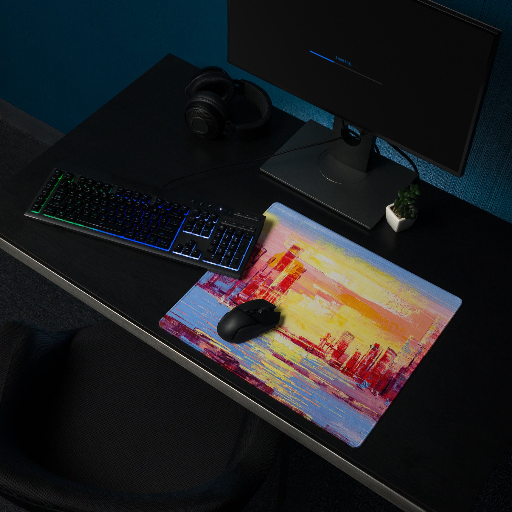 Sunset Cityscape Abstract Mouse Pad - Cityscape Pink Yellow Desk Abstract Mood Vibrant Sunset, Modern Decor, Acrylic