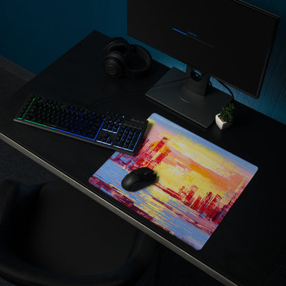 Sunset Cityscape Abstract Mouse Pad - Cityscape Pink Yellow Desk Abstract Mood Vibrant Sunset, Modern Decor, Acrylic