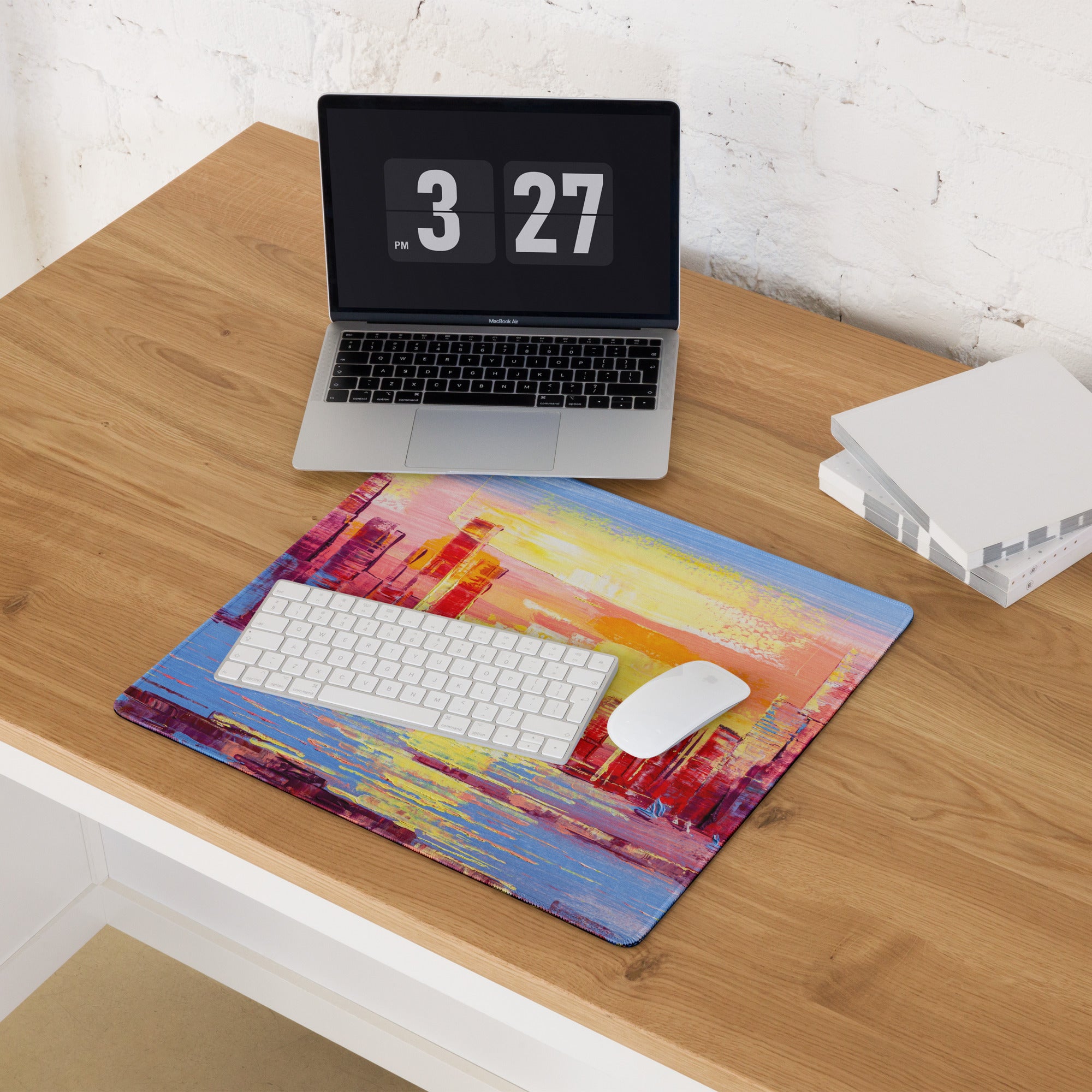 Sunset Cityscape Abstract Mouse Pad - Cityscape Pink Yellow Desk Abstract Mood Vibrant Sunset, Modern Decor, Acrylic