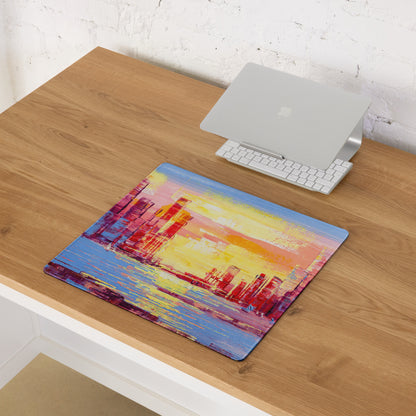 Sunset Cityscape Abstract Mouse Pad - Cityscape Pink Yellow Desk Abstract Mood Vibrant Sunset, Modern Decor, Acrylic