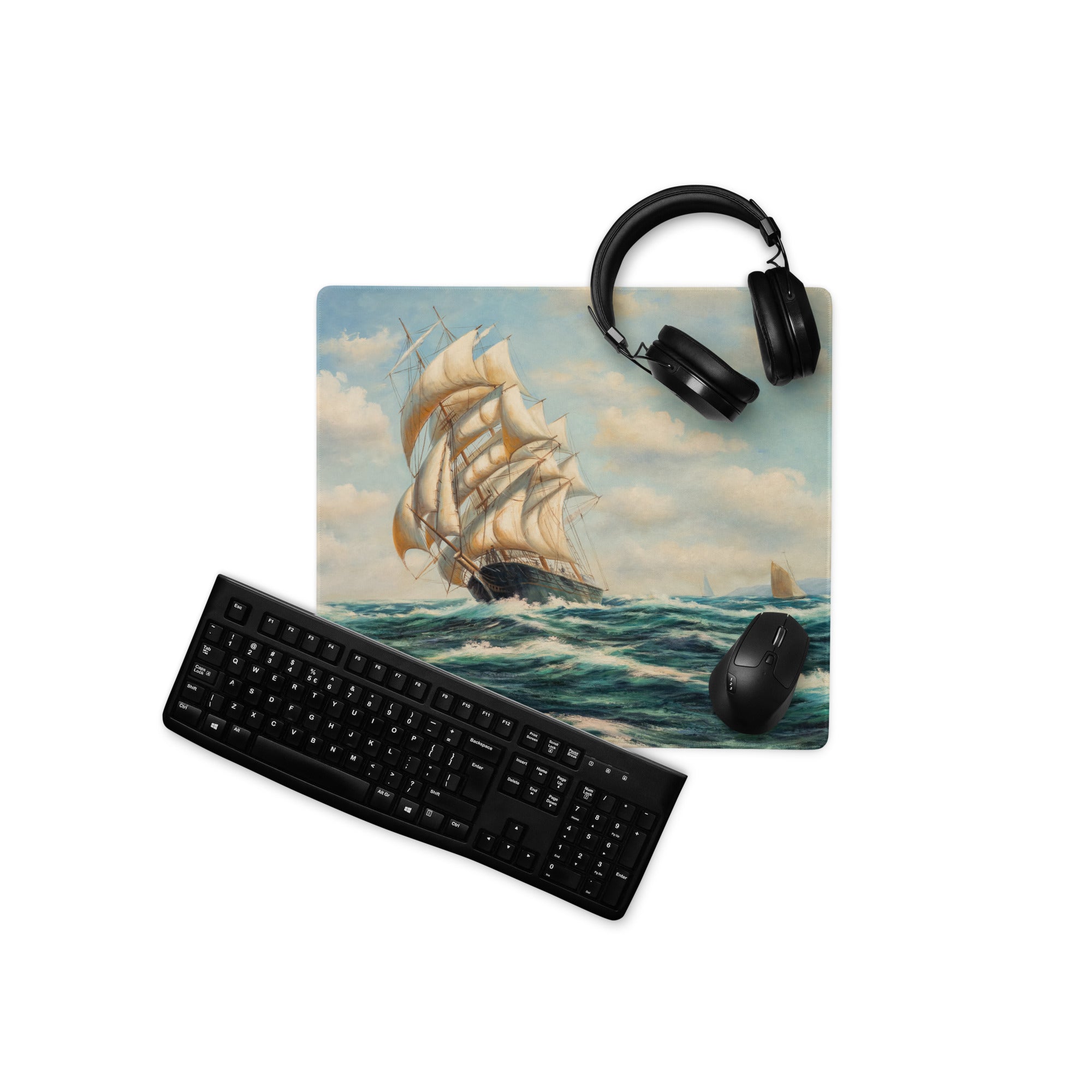 Vintage Maritime Ship Desk Pad - Ship Art Blue White For Home Office Vintage Nautical Mood Coastal Decor Sailboat Oil