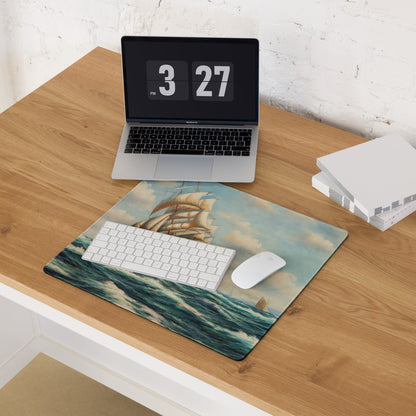 Vintage Maritime Ship Desk Pad - Ship Art Blue White For Home Office Vintage Nautical Mood Coastal Decor Sailboat Oil