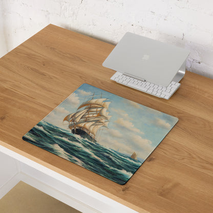 Vintage Maritime Ship Desk Pad - Ship Art Blue White For Home Office Vintage Nautical Mood Coastal Decor Sailboat Oil