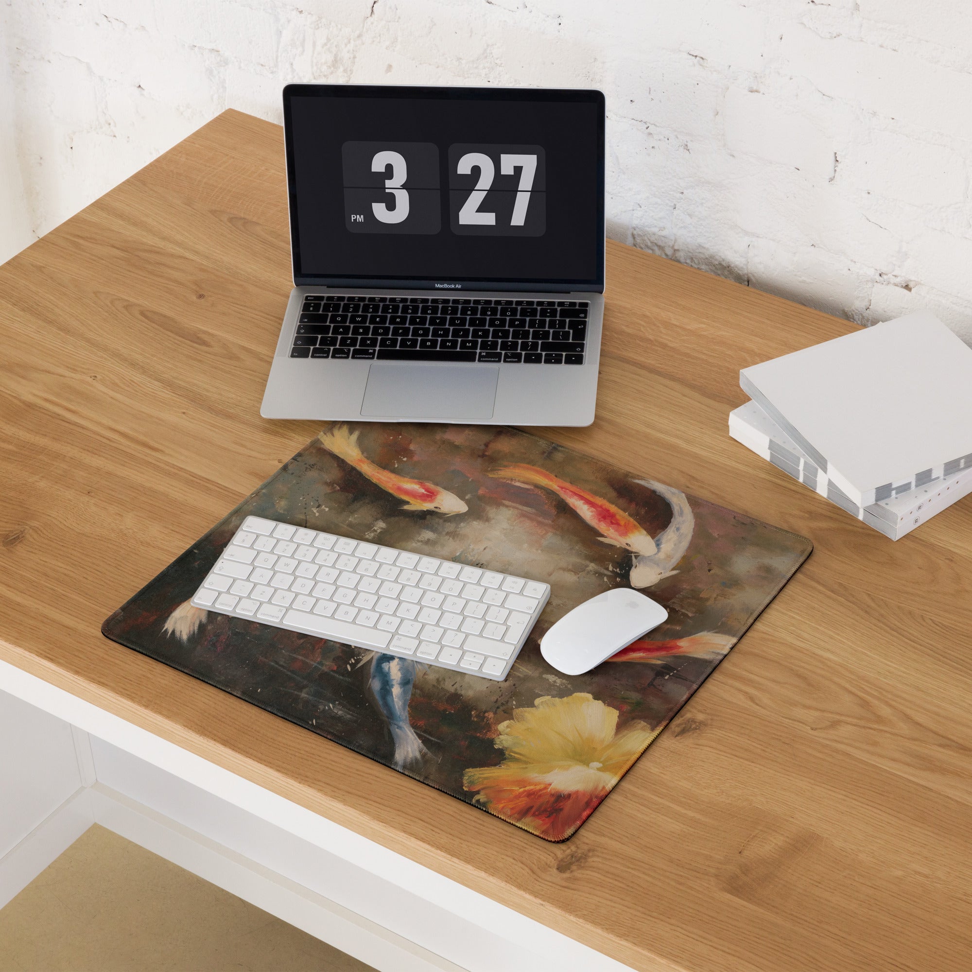 Koi Pond Art Mouse Pad - Koi Painting Orange White Blue Desk Decor Impressionist Calm Elegant Modern Office Desk Pad Oil