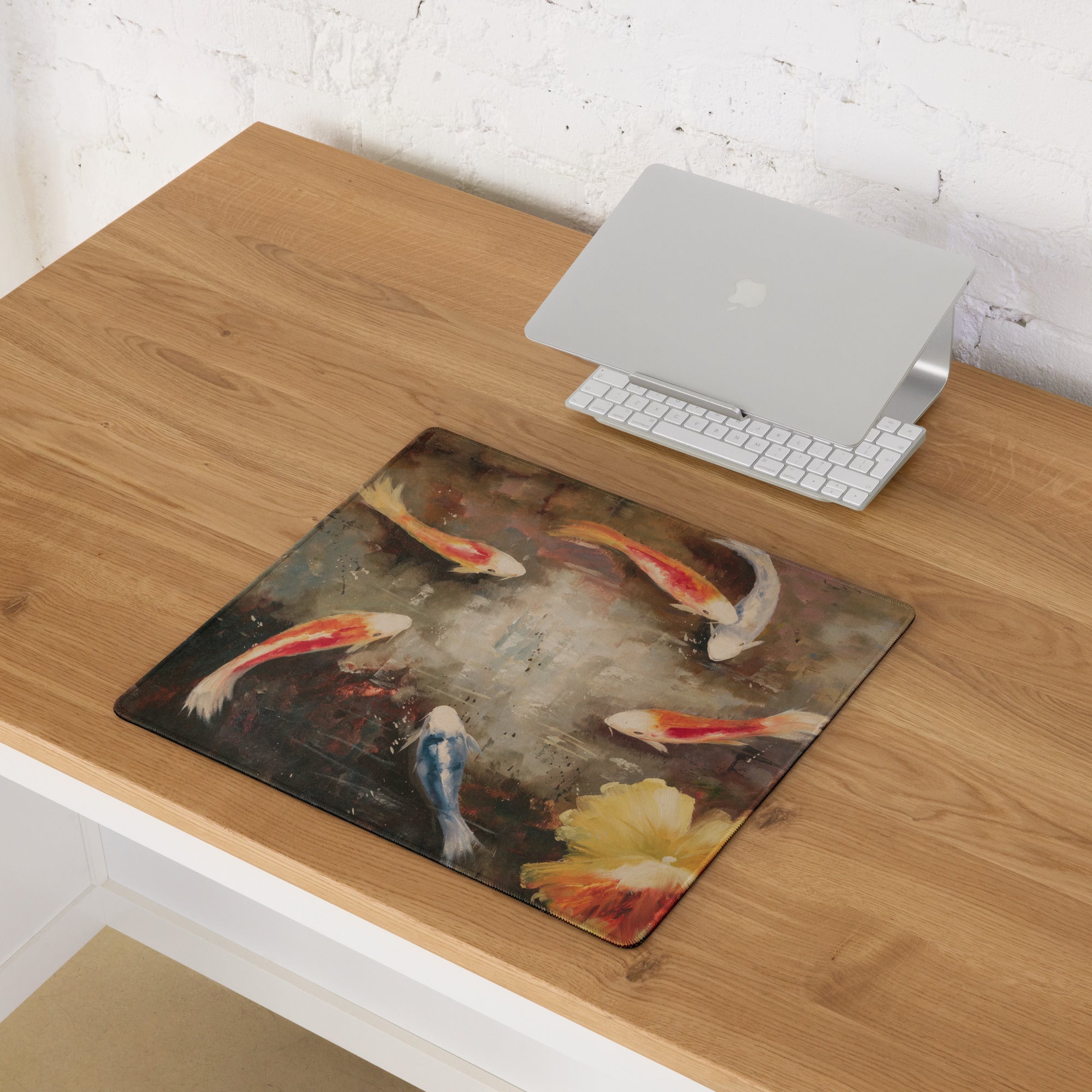 Koi Pond Art Mouse Pad - Koi Painting Orange White Blue Desk Decor Impressionist Calm Elegant Modern Office Desk Pad Oil