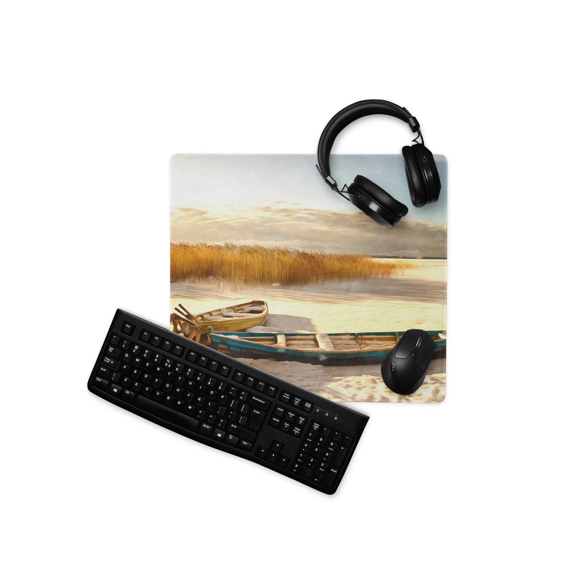 Rectangular coastal boat landscape mouse pad with lakeside scene golden reeds calm water boats blue and gold tones