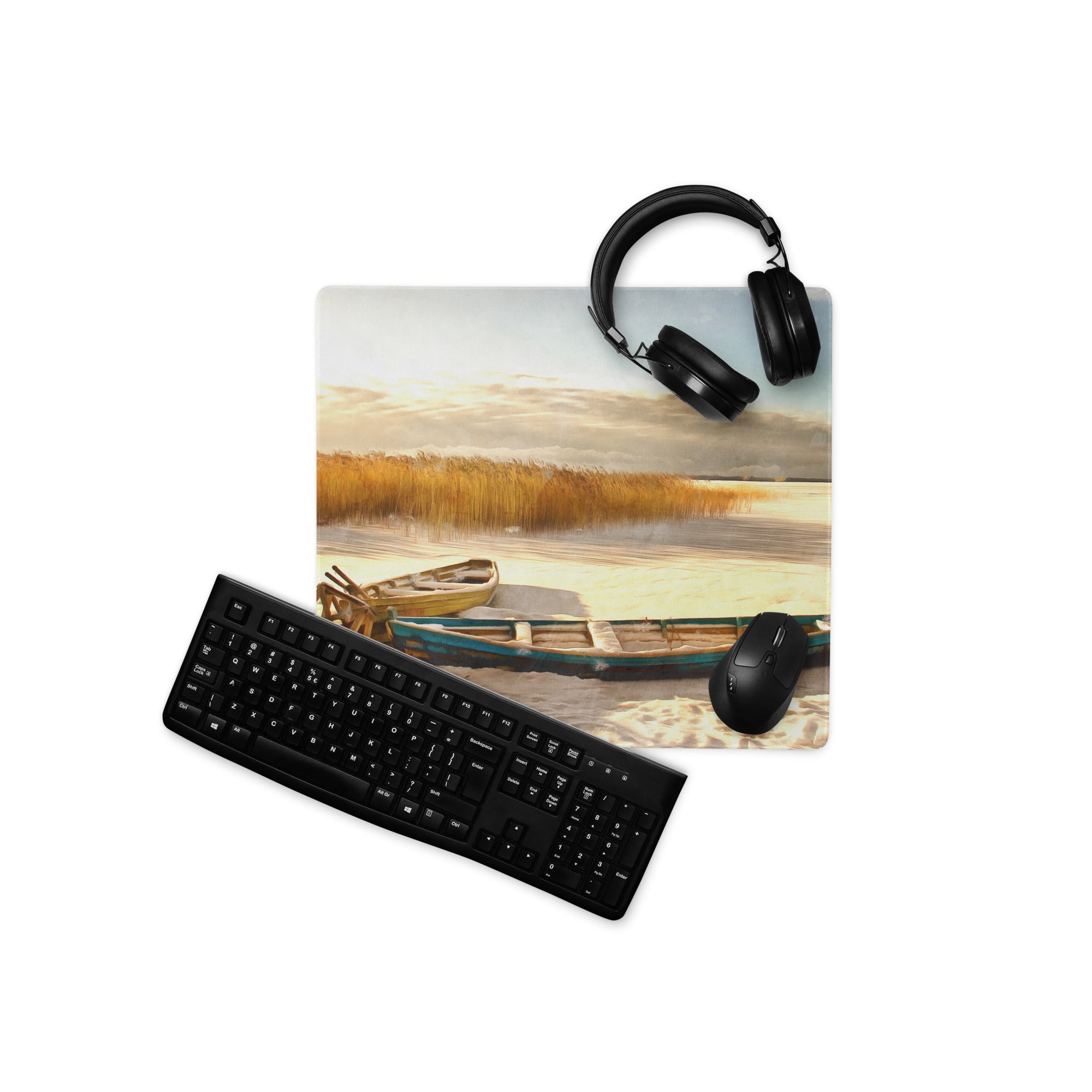 Coastal Boat Landscape Mouse Pad - Coastal Boat Beach Gold Blue Office Style Impressionist Calm Sunset Mood Nautical