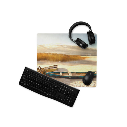 Coastal Boat Landscape Mouse Pad - Coastal Boat Beach Gold Blue Office Style Impressionist Calm Sunset Mood Nautical