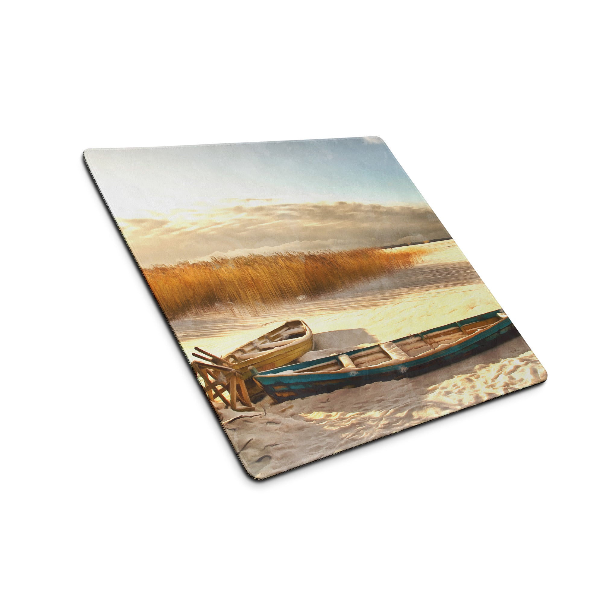 Coastal Boat Landscape Mouse Pad - Coastal Boat Beach Gold Blue Office Style Impressionist Calm Sunset Mood Nautical
