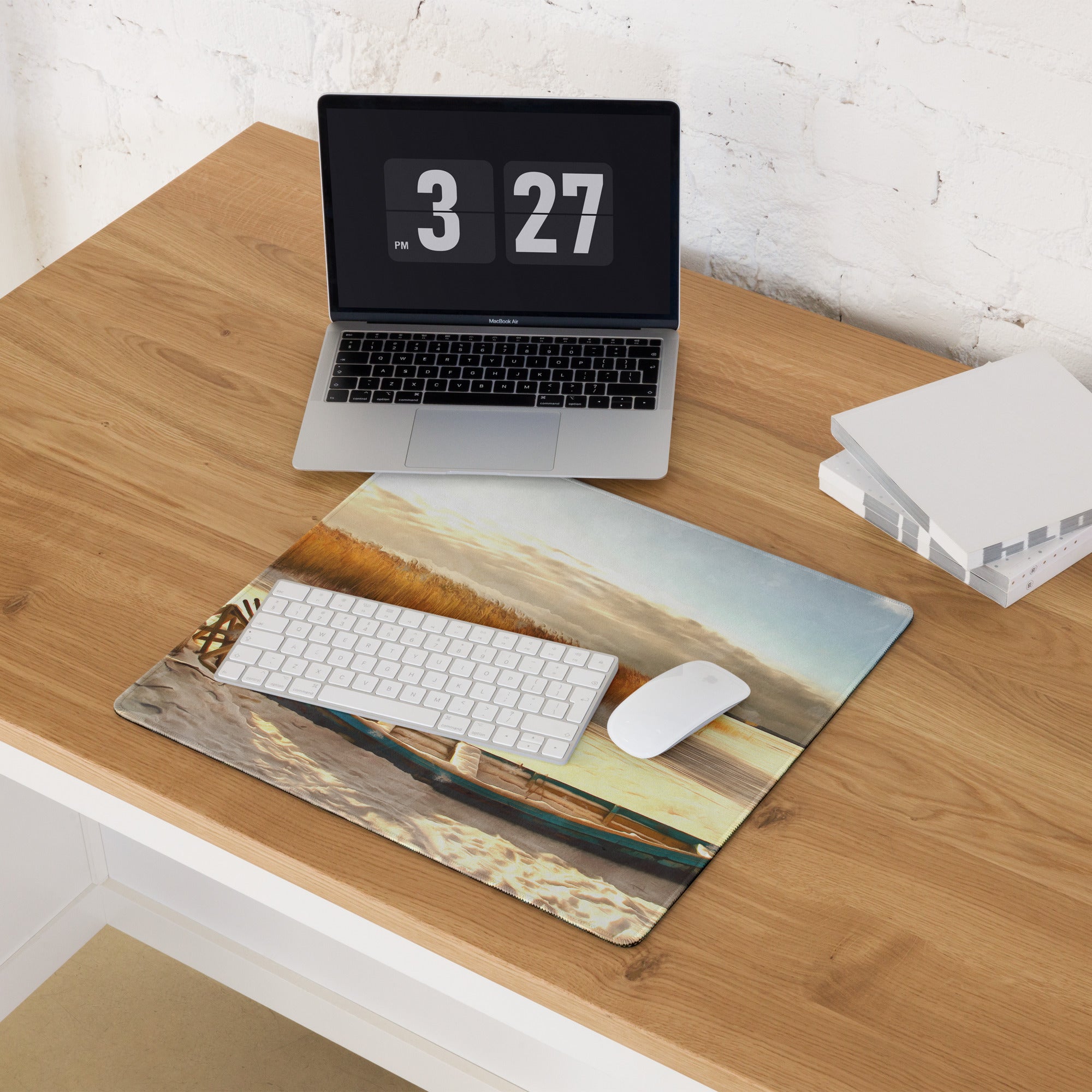 Coastal Boat Landscape Mouse Pad - Coastal Boat Beach Gold Blue Office Style Impressionist Calm Sunset Mood Nautical