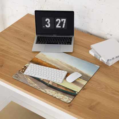 Coastal Boat Landscape Mouse Pad - Coastal Boat Beach Gold Blue Office Style Impressionist Calm Sunset Mood Nautical