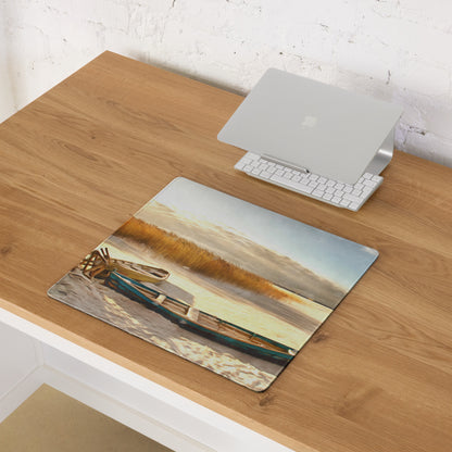 Coastal Boat Landscape Mouse Pad - Coastal Boat Beach Gold Blue Office Style Impressionist Calm Sunset Mood Nautical