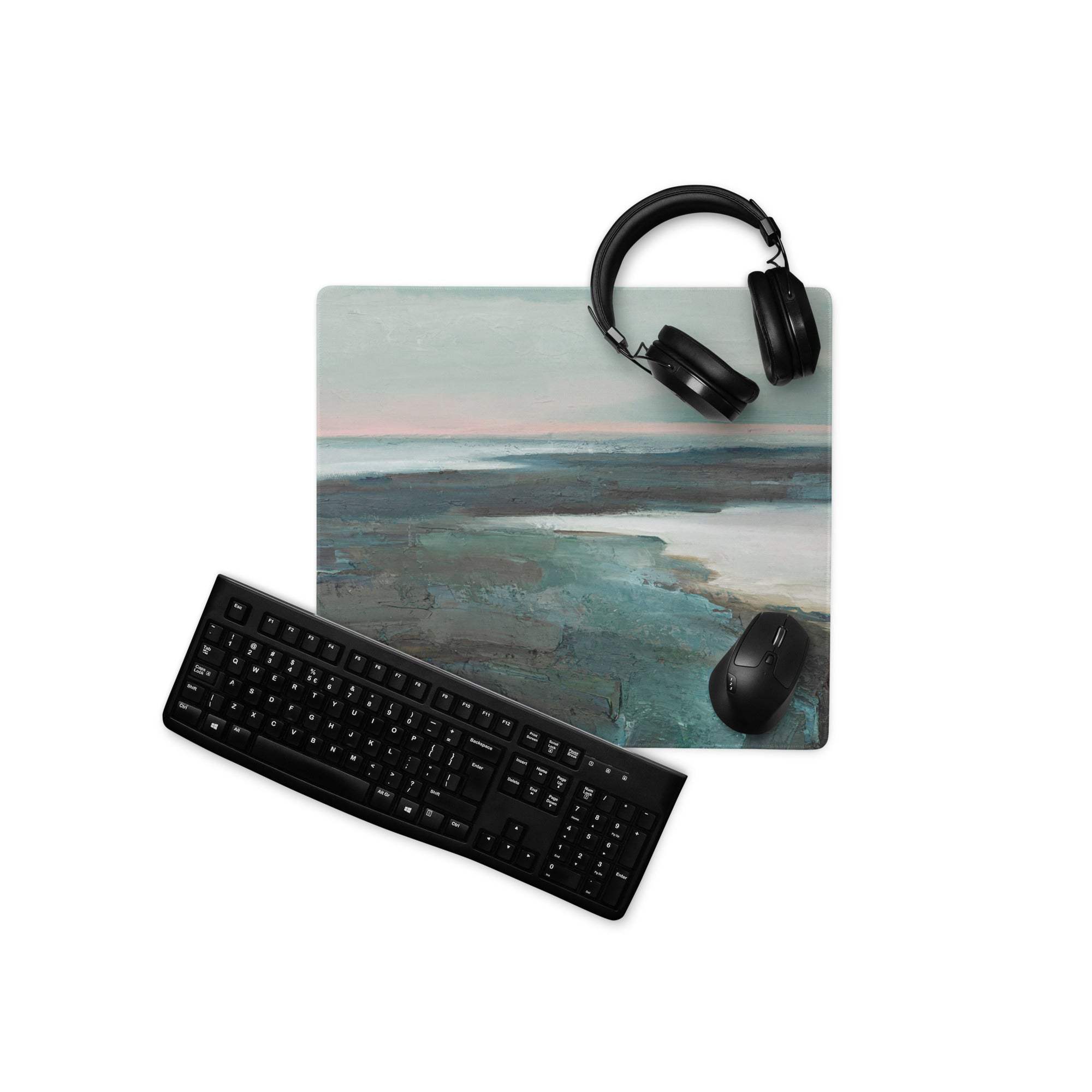 Rectangular pastel seascape horizon mouse pad with non slip surface featuring teal gray and pale pink coastal design