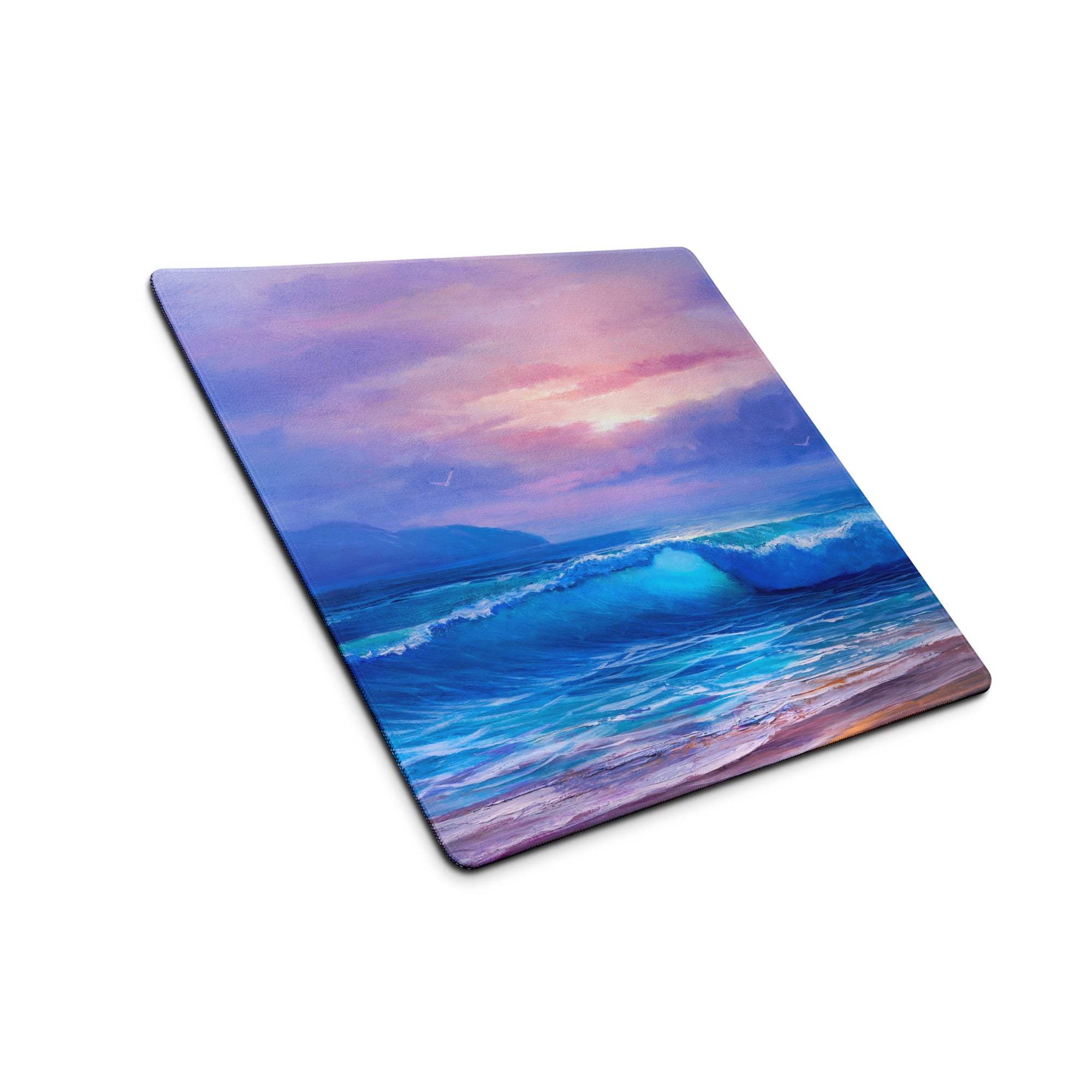 Rectangular mouse pad with vibrant blue purple ocean sunset artwork for gaming and modern minimalist desks