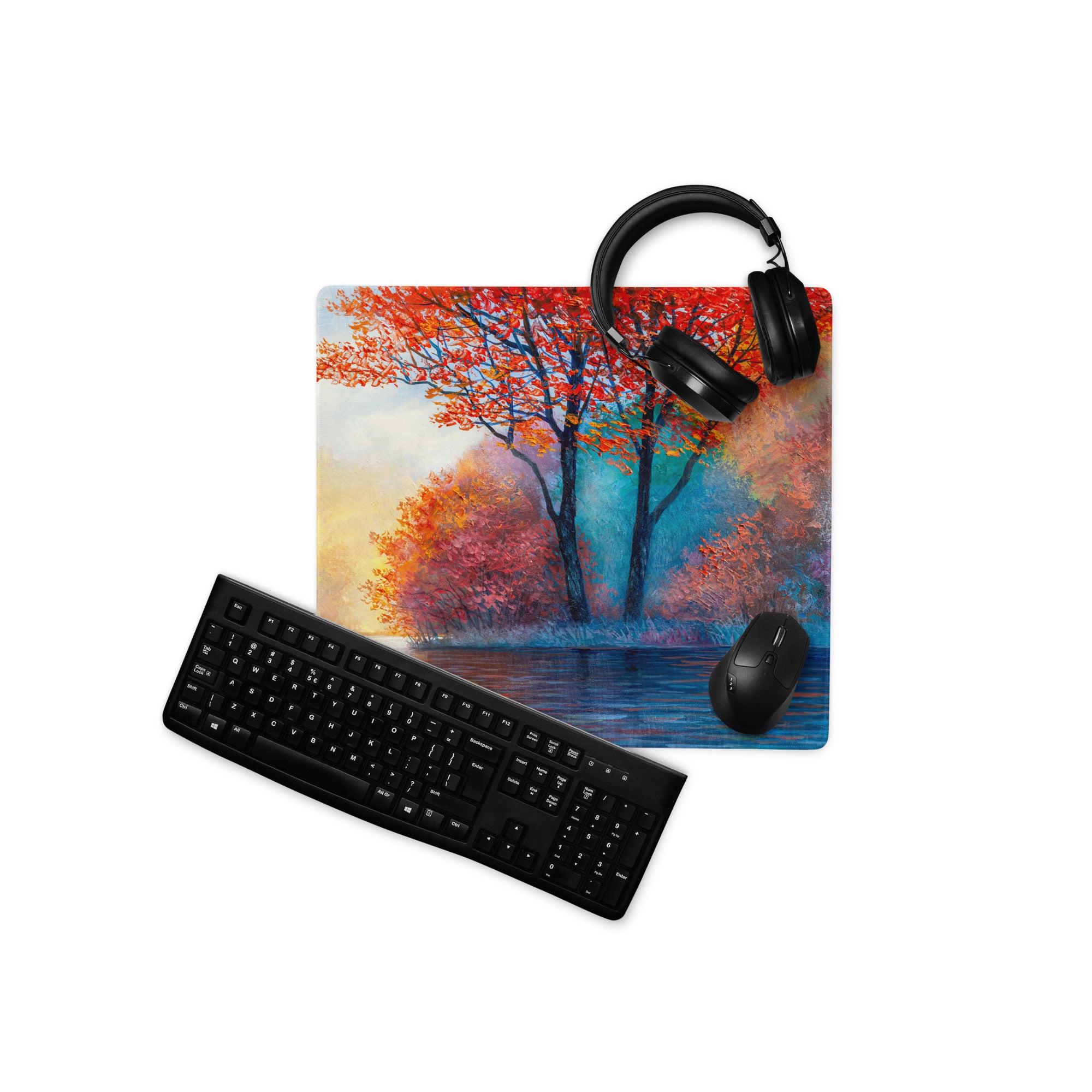Autumn Tree Art Mouse Pad - Autumn Tree Art Orange Blue Desk Watercolor Mood Vibrant Modern Gaming Desk Mat Watercolor