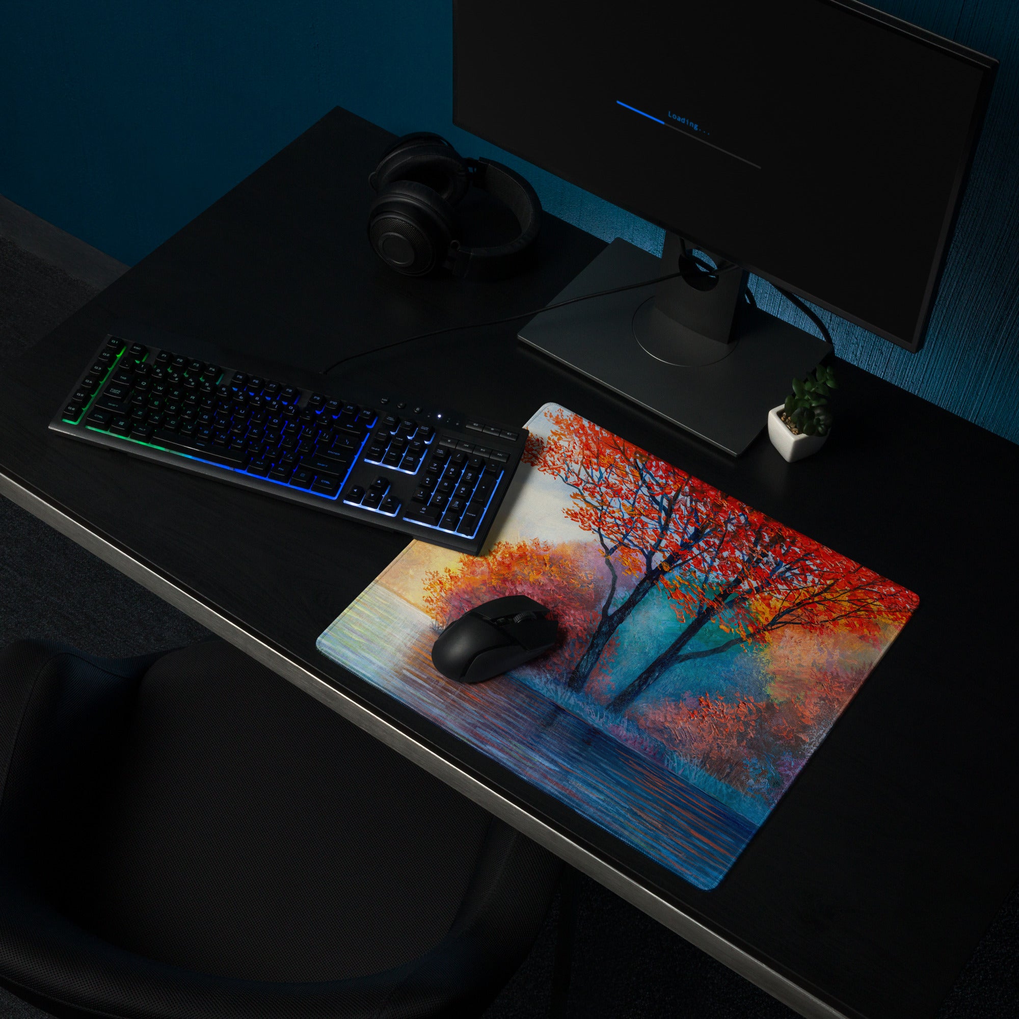 Autumn Tree Art Mouse Pad - Autumn Tree Art Orange Blue Desk Watercolor Mood Vibrant Modern Gaming Desk Mat Watercolor