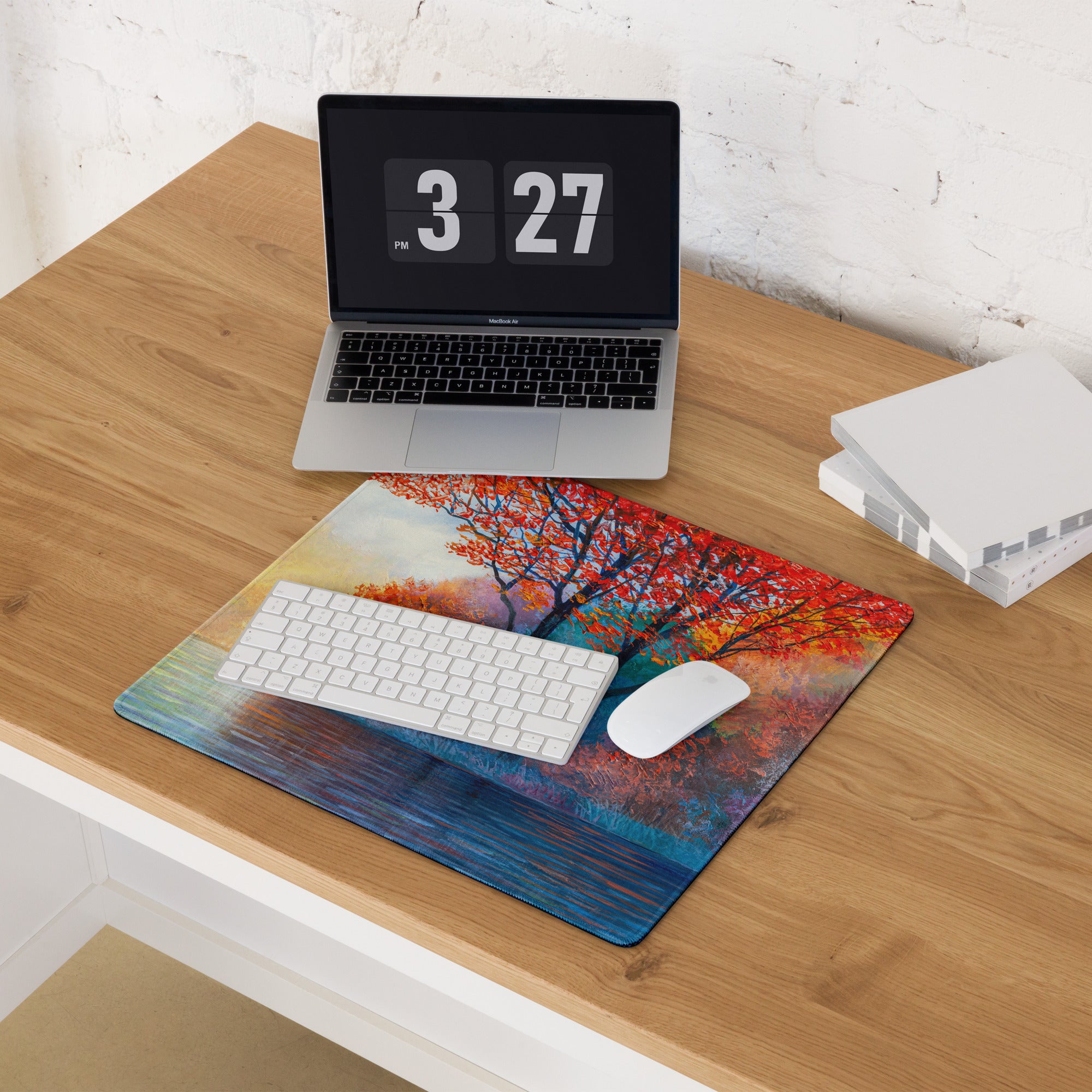 Autumn Tree Art Mouse Pad - Autumn Tree Art Orange Blue Desk Watercolor Mood Vibrant Modern Gaming Desk Mat Watercolor