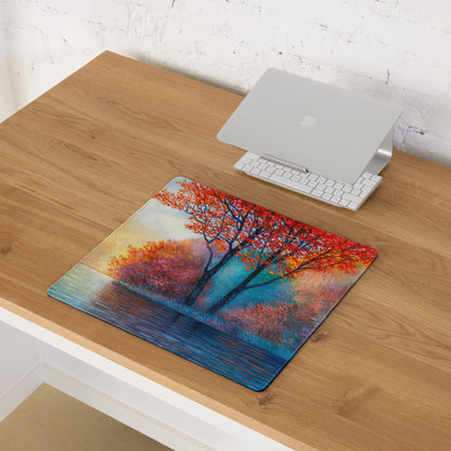 Autumn Tree Art Mouse Pad - Autumn Tree Art Orange Blue Desk Watercolor Mood Vibrant Modern Gaming Desk Mat Watercolor