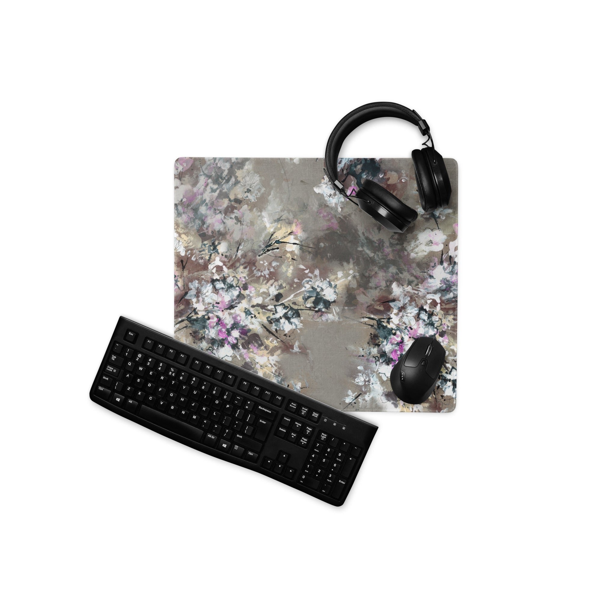 Floral Abstract Gaming Mouse Pad - Floral Pattern Beige Pink Gray Desktop Gaming Art Soft Mood Modern Minimal Desk Decor