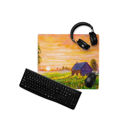 Sunset Village Landscape Desk Pad - Sunset Landscape Desk Pad Orange Impressionist Calm Mood Rustic Decor Oil Painting