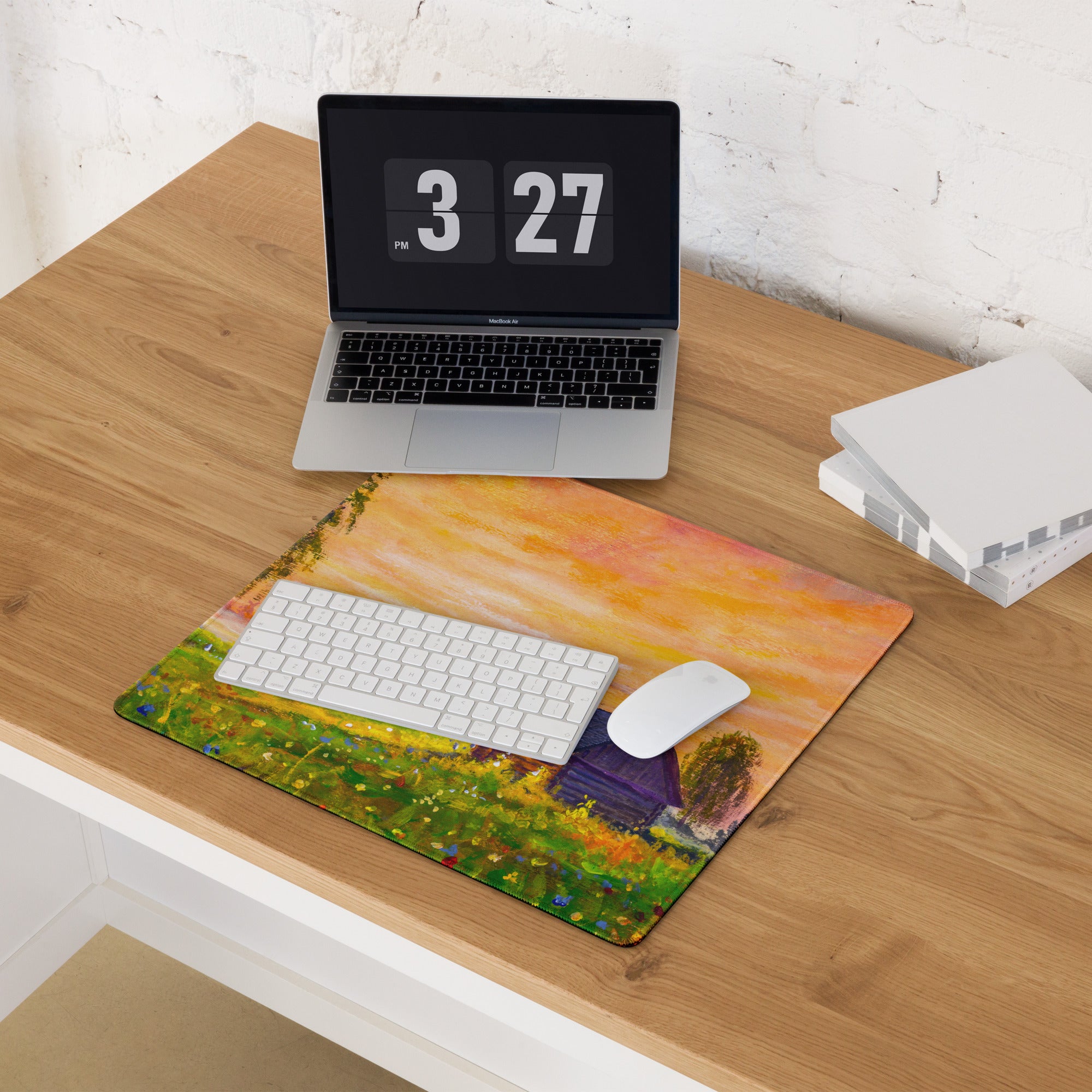 Sunset Village Landscape Desk Pad - Sunset Landscape Desk Pad Orange Impressionist Calm Mood Rustic Decor Oil Painting