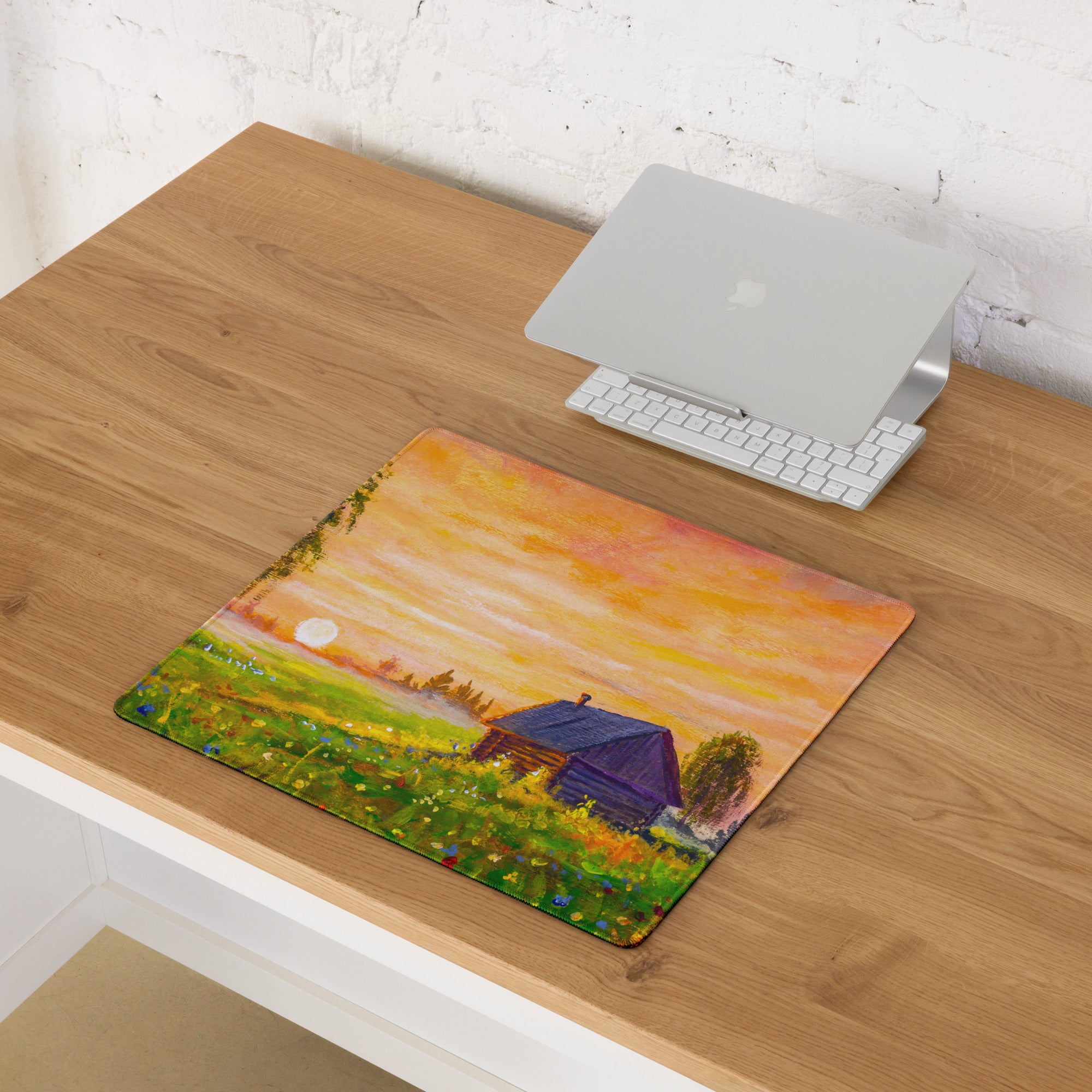 Sunset Village Landscape Desk Pad - Sunset Landscape Desk Pad Orange Impressionist Calm Mood Rustic Decor Oil Painting