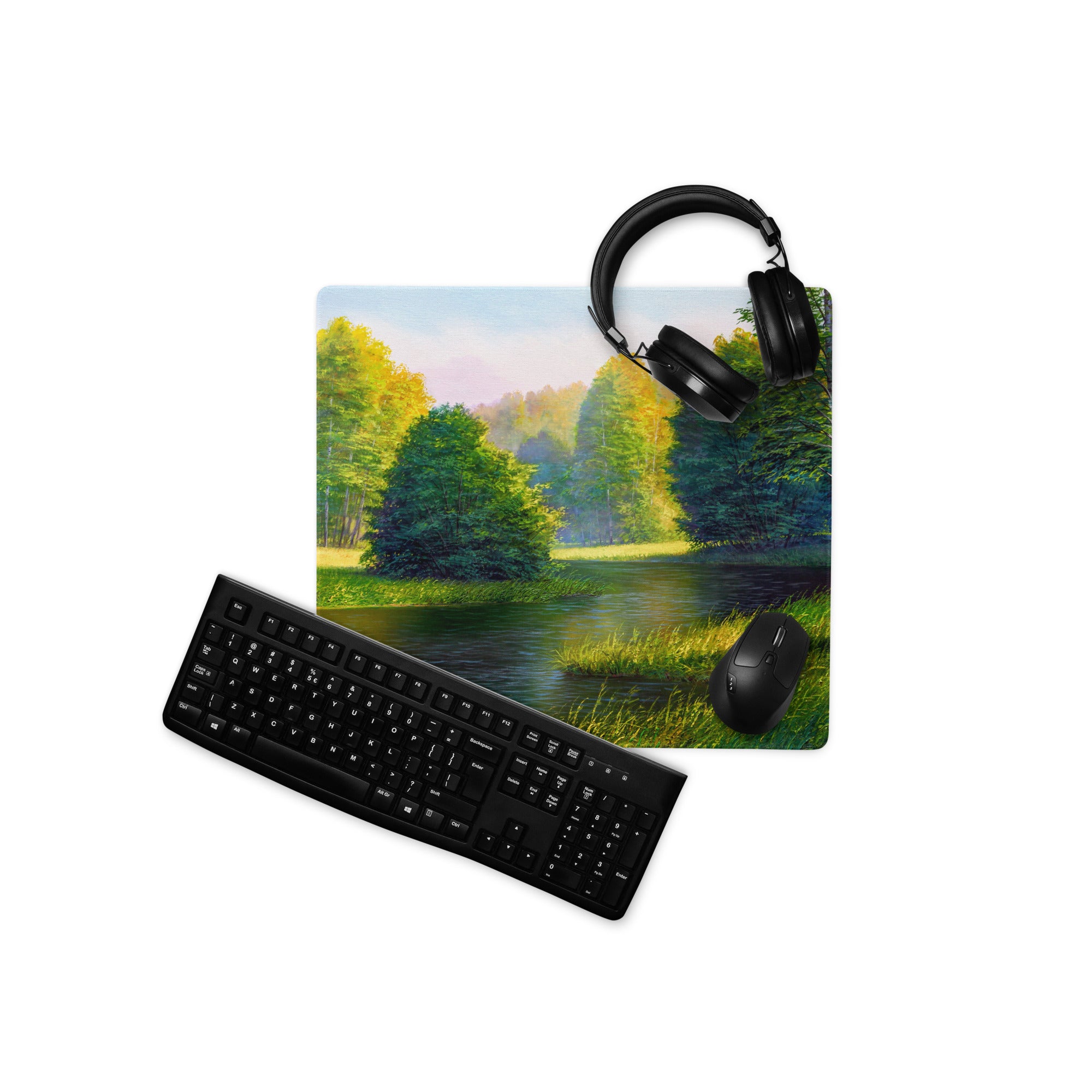 Autumn Forest Riverside Mouse Pad - Forest Landscape Green Blue Desktop Tranquil Mood Desk Mat Office Decor Oil Painting