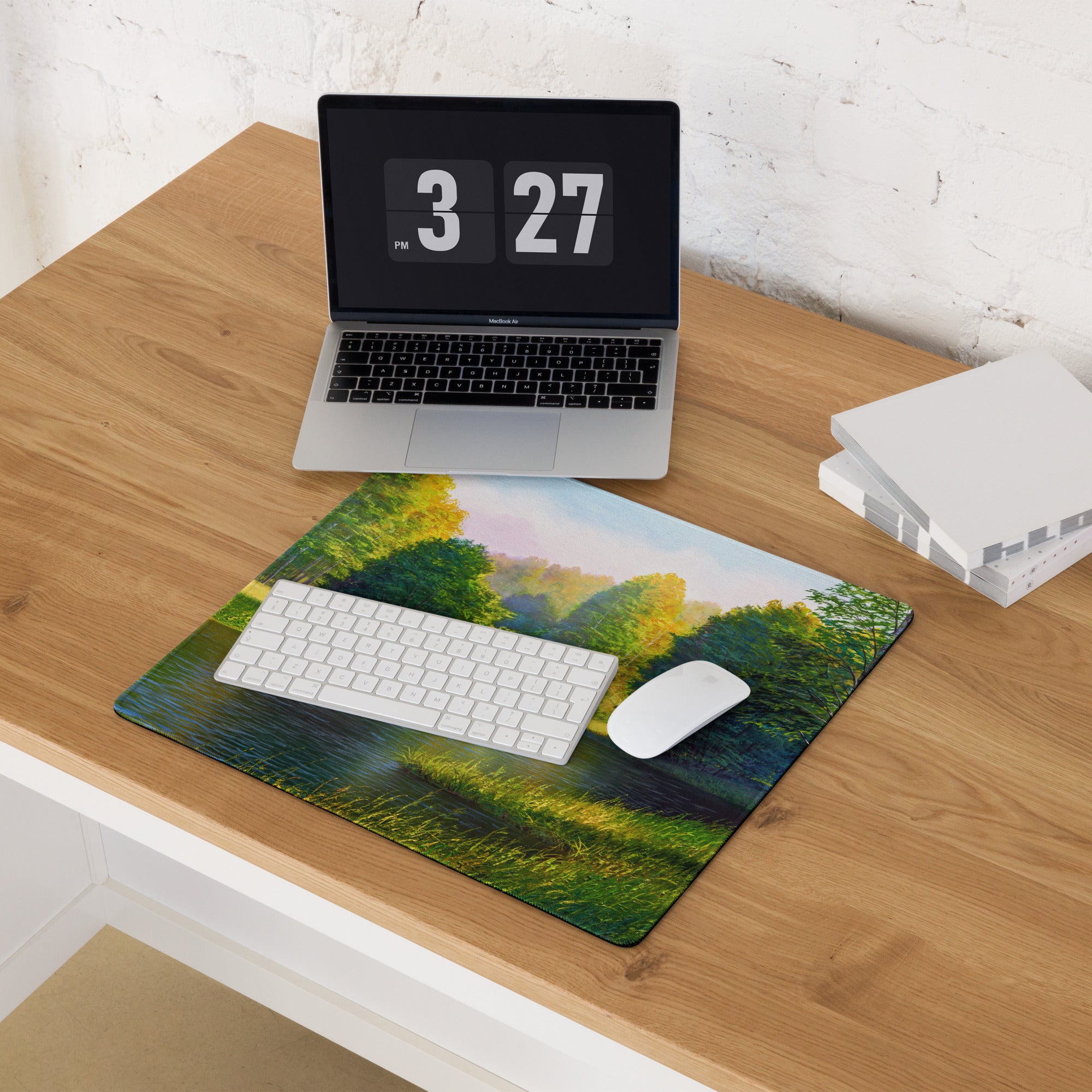 Autumn Forest Riverside Mouse Pad - Forest Landscape Green Blue Desktop Tranquil Mood Desk Mat Office Decor Oil Painting