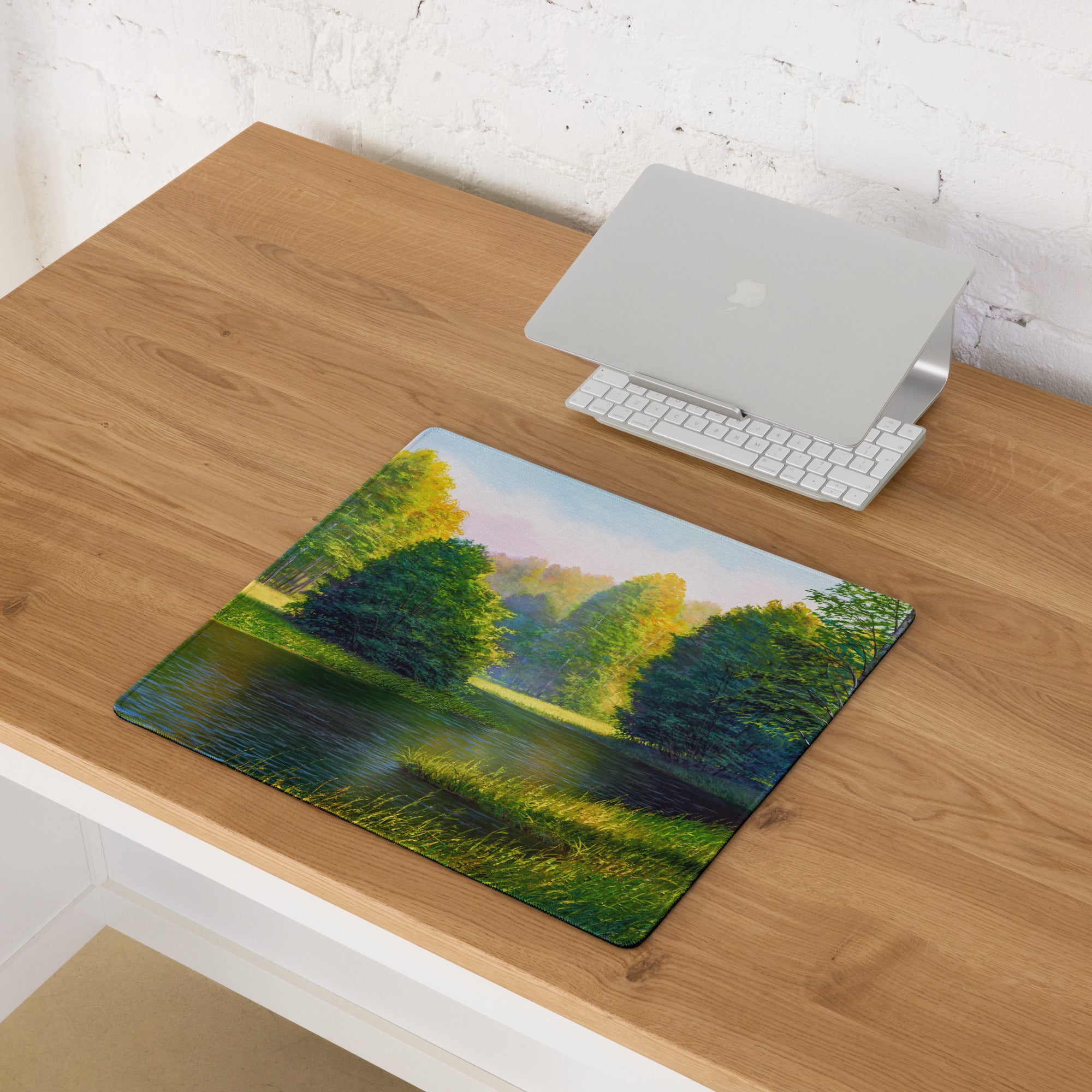 Autumn Forest Riverside Mouse Pad - Forest Landscape Green Blue Desktop Tranquil Mood Desk Mat Office Decor Oil Painting