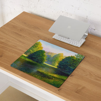 Autumn Forest Riverside Mouse Pad - Forest Landscape Green Blue Desktop Tranquil Mood Desk Mat Office Decor Oil Painting