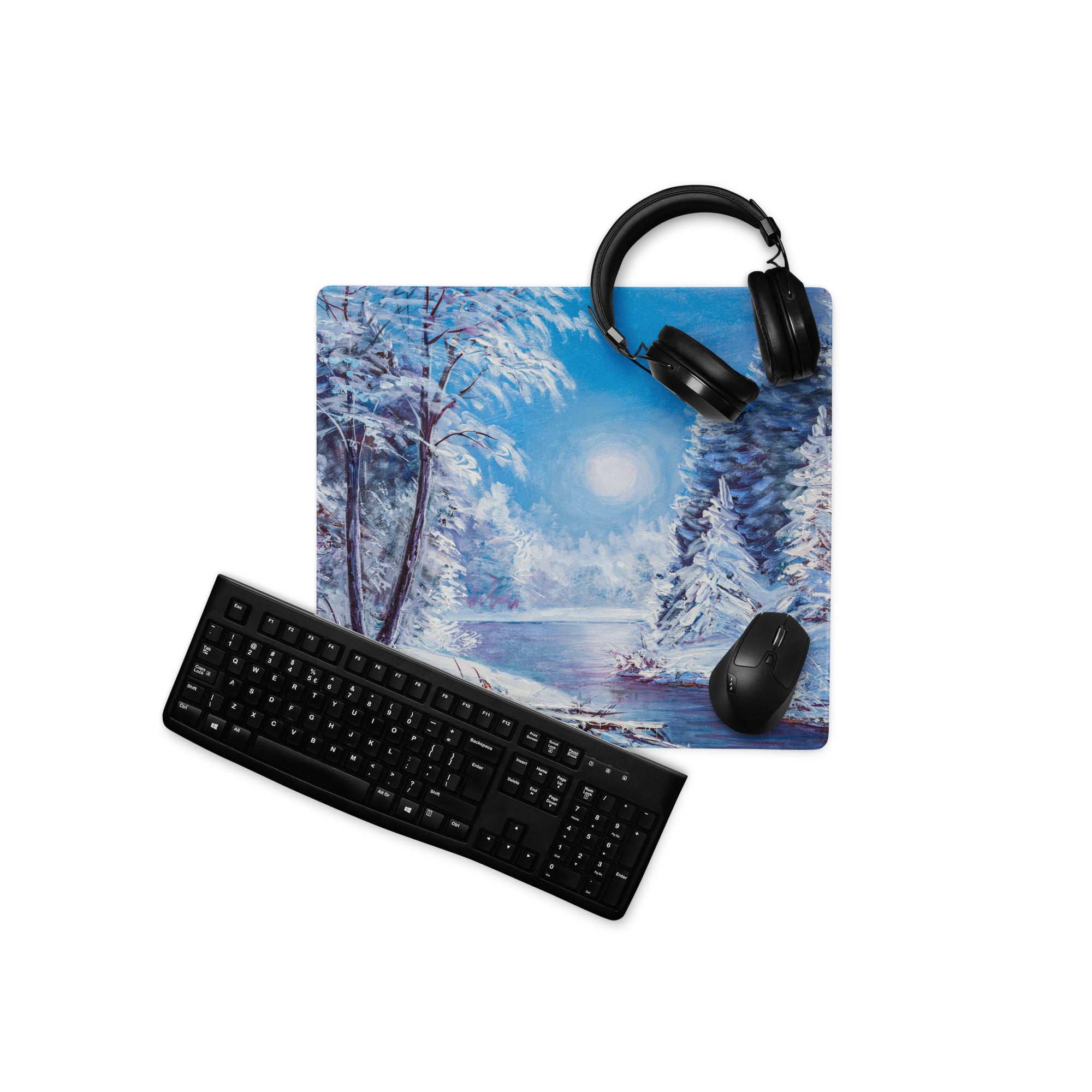 Winter Forest Desk Pad - Winter Forest Landscape Blue Desk Setup Impressionist Calm Minimalist Desk Decor Oil Painting
