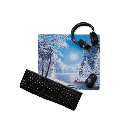 Winter Forest Desk Pad - Winter Forest Landscape Blue Desk Setup Impressionist Calm Minimalist Desk Decor Oil Painting