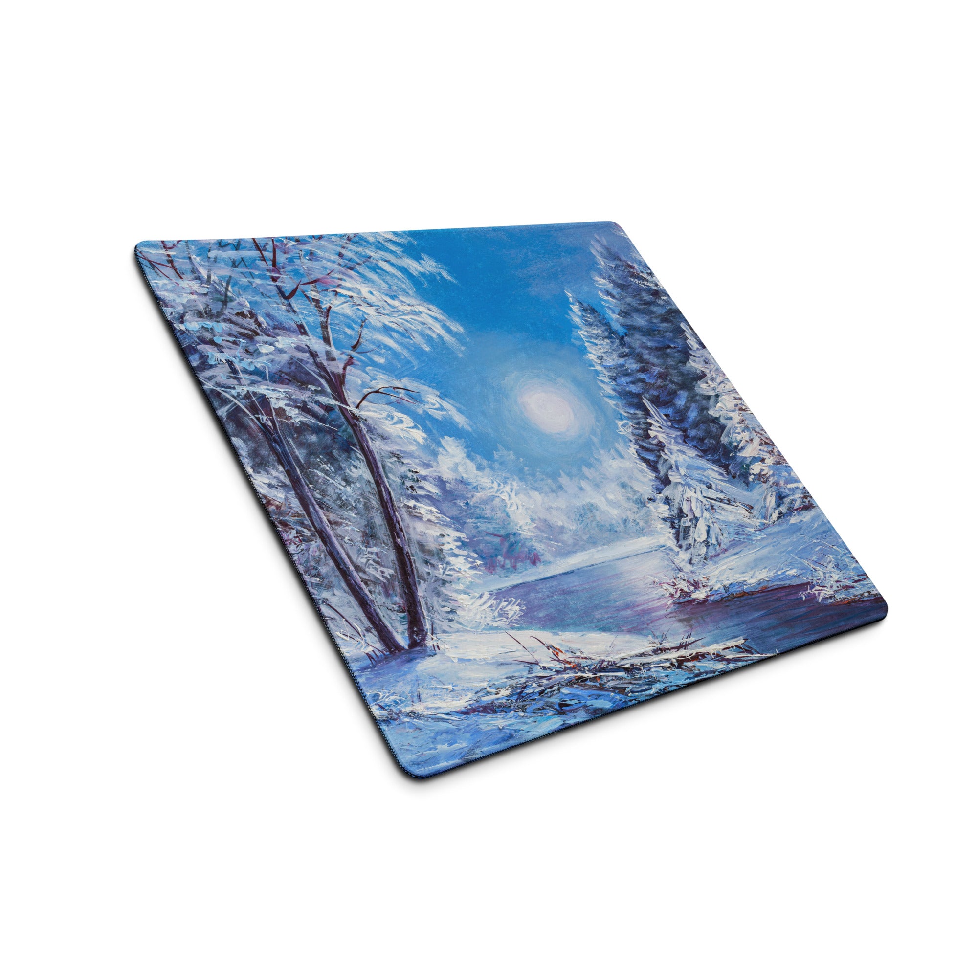 Winter Forest Desk Pad - Winter Forest Landscape Blue Desk Setup Impressionist Calm Minimalist Desk Decor Oil Painting