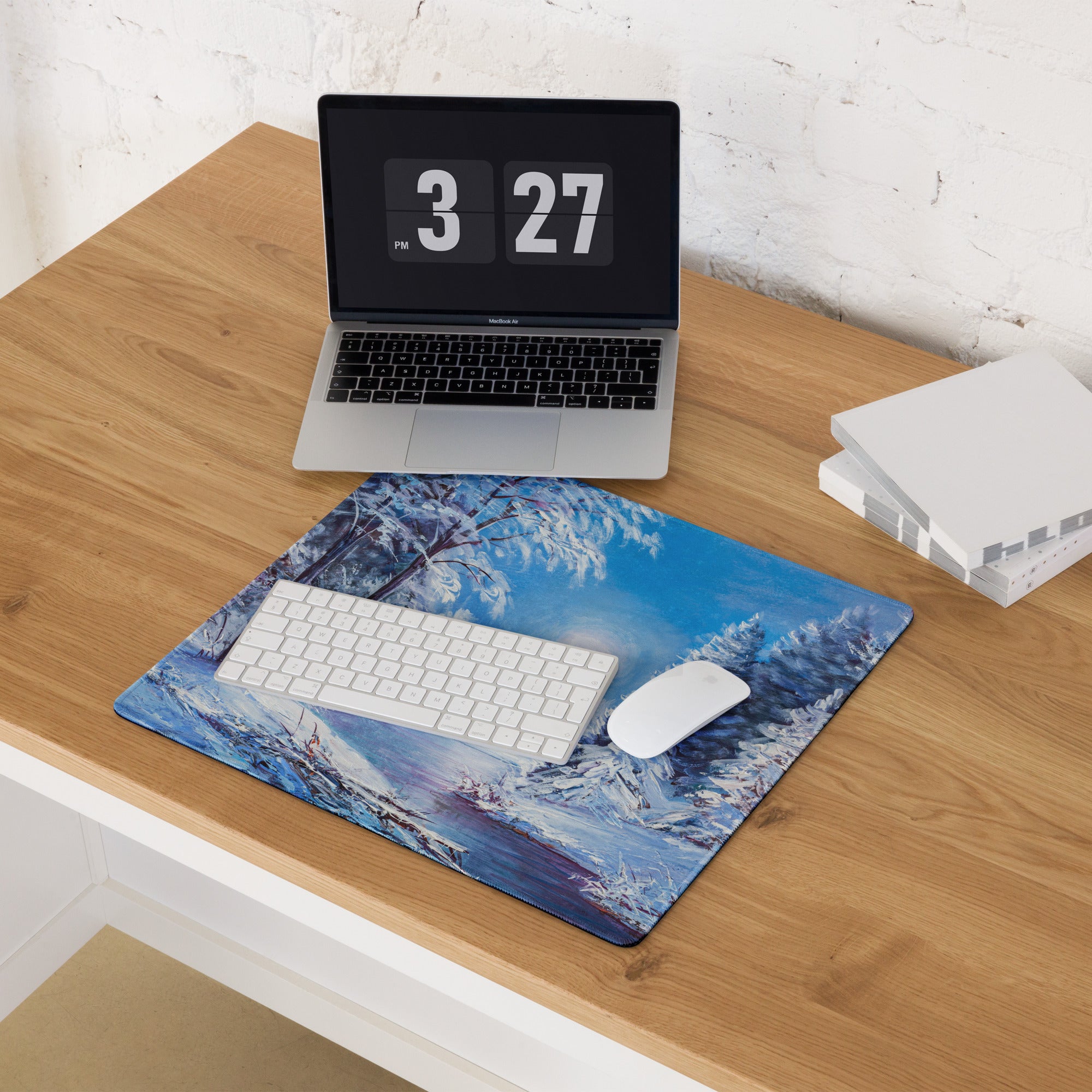Winter Forest Desk Pad - Winter Forest Landscape Blue Desk Setup Impressionist Calm Minimalist Desk Decor Oil Painting