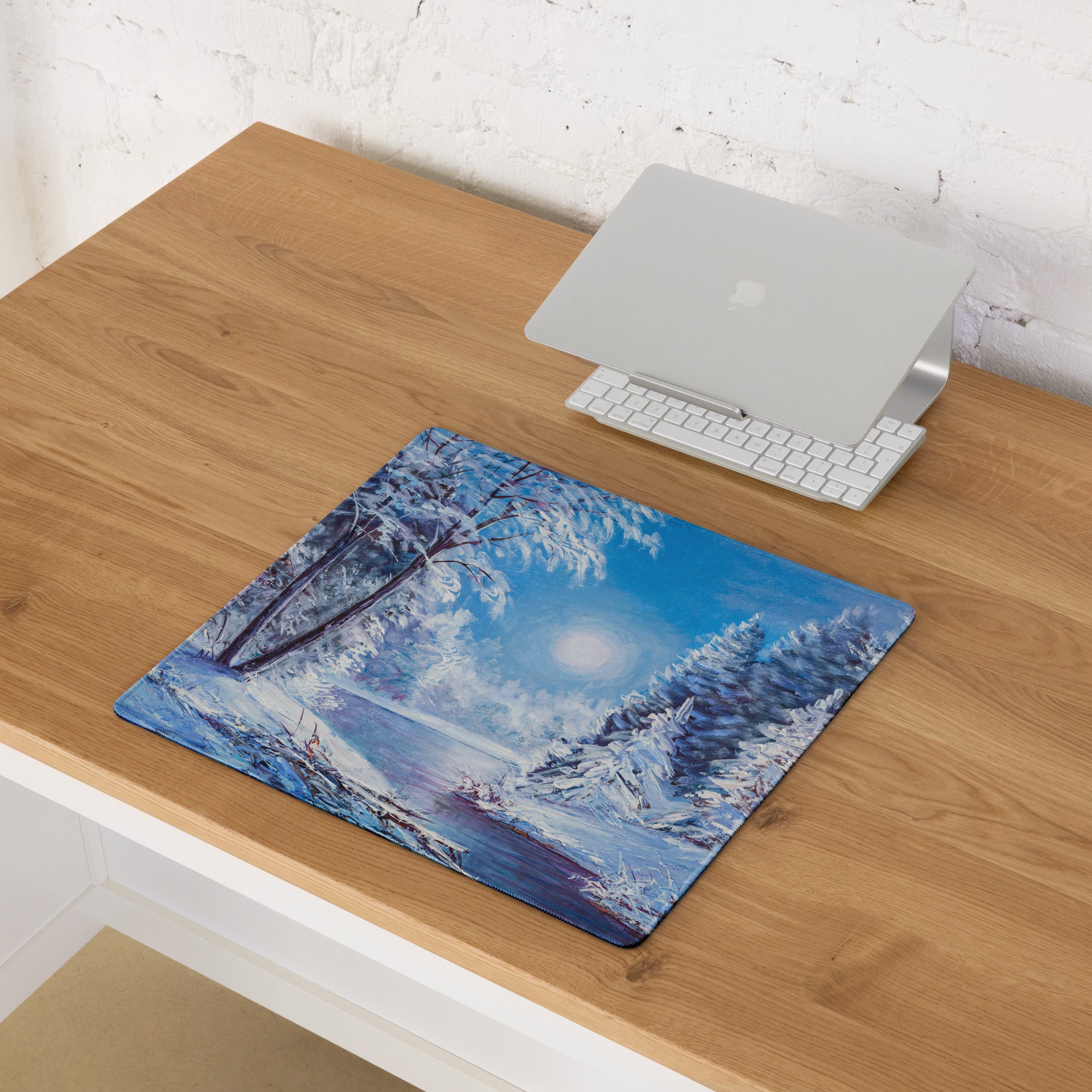Winter Forest Desk Pad - Winter Forest Landscape Blue Desk Setup Impressionist Calm Minimalist Desk Decor Oil Painting