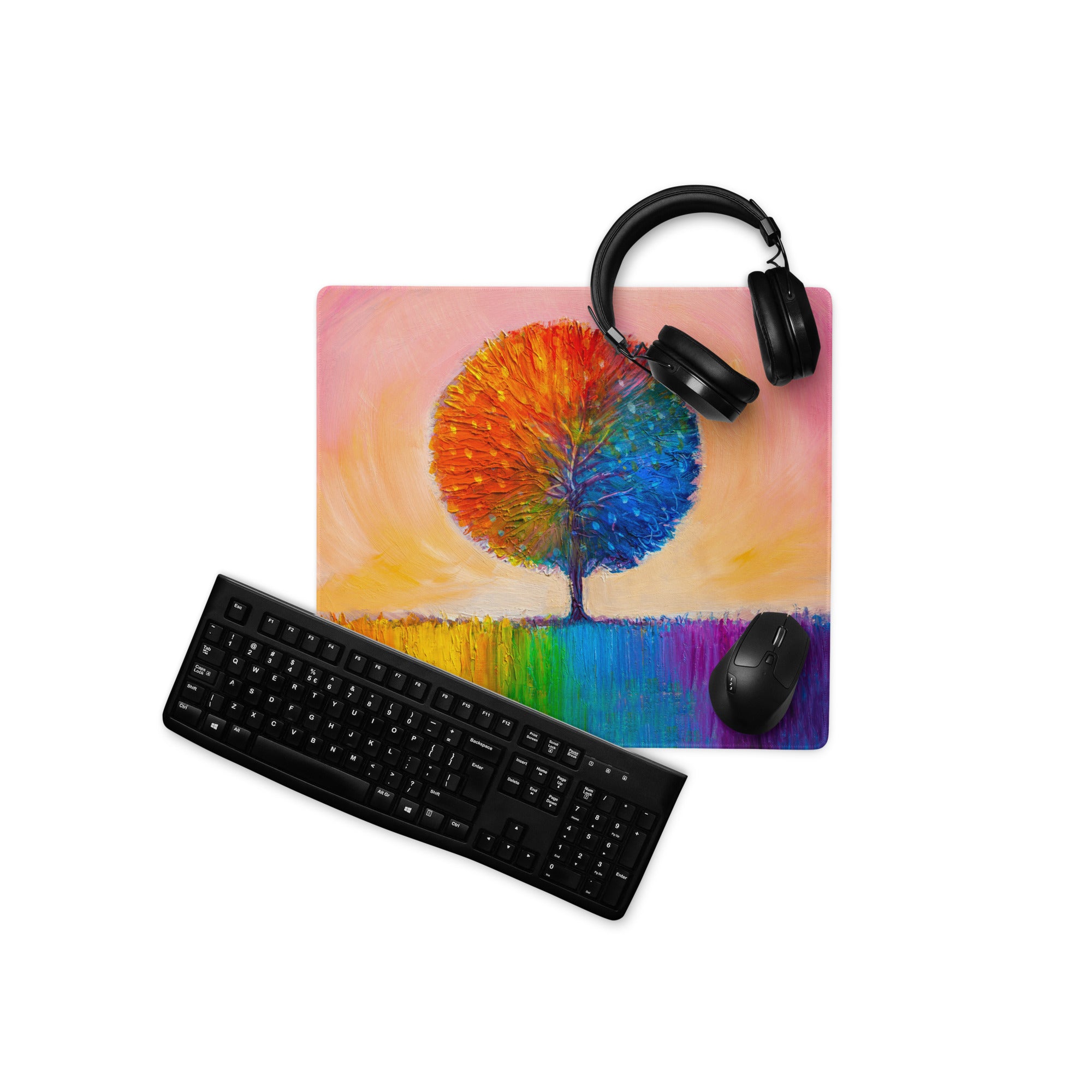 Vivid Rainbow Tree Mouse Pad - Tree Rainbow Multicolor Home Office Abstract Vibrant Contemporary Desk Mat Oil Painting