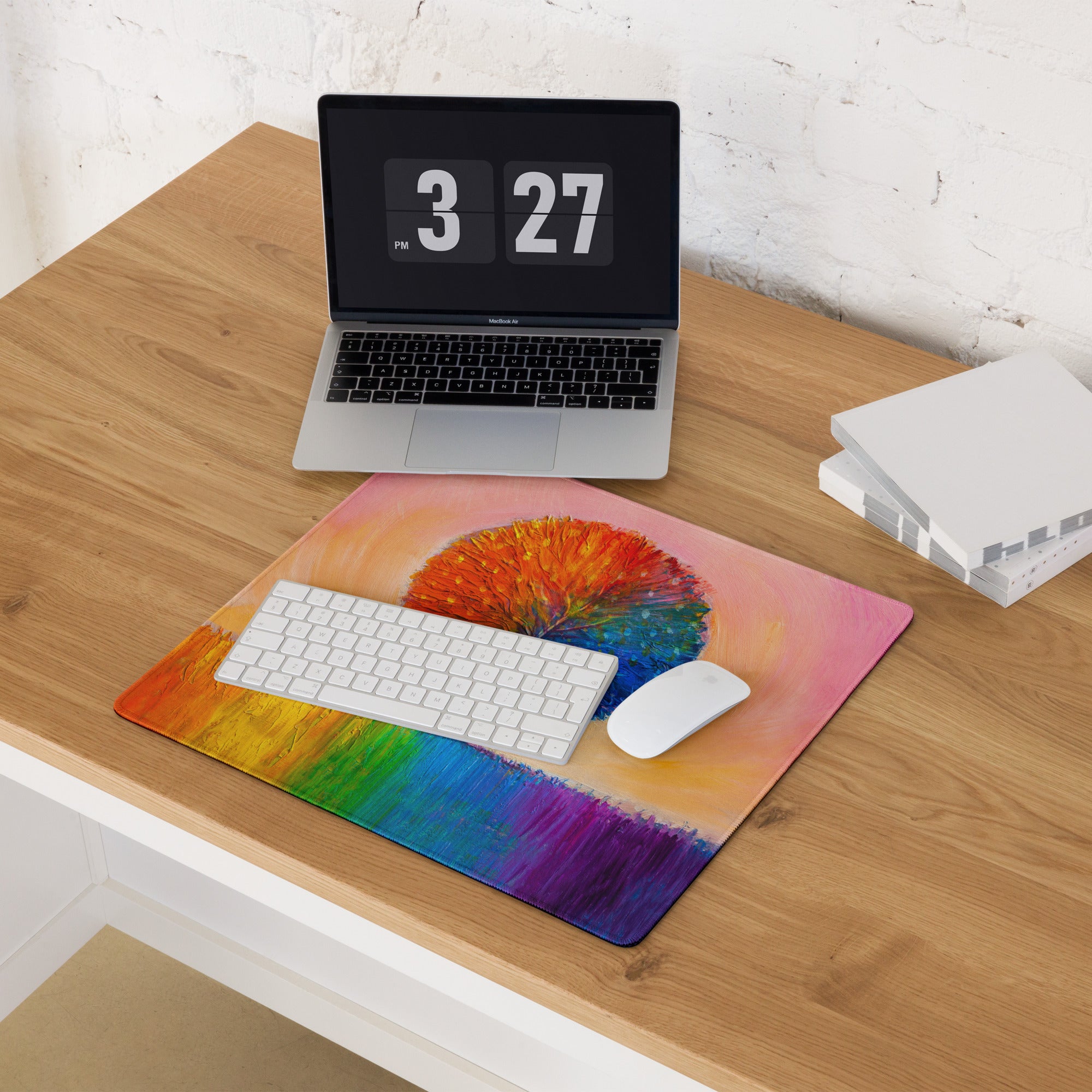 Vivid Rainbow Tree Mouse Pad - Tree Rainbow Multicolor Home Office Abstract Vibrant Contemporary Desk Mat Oil Painting