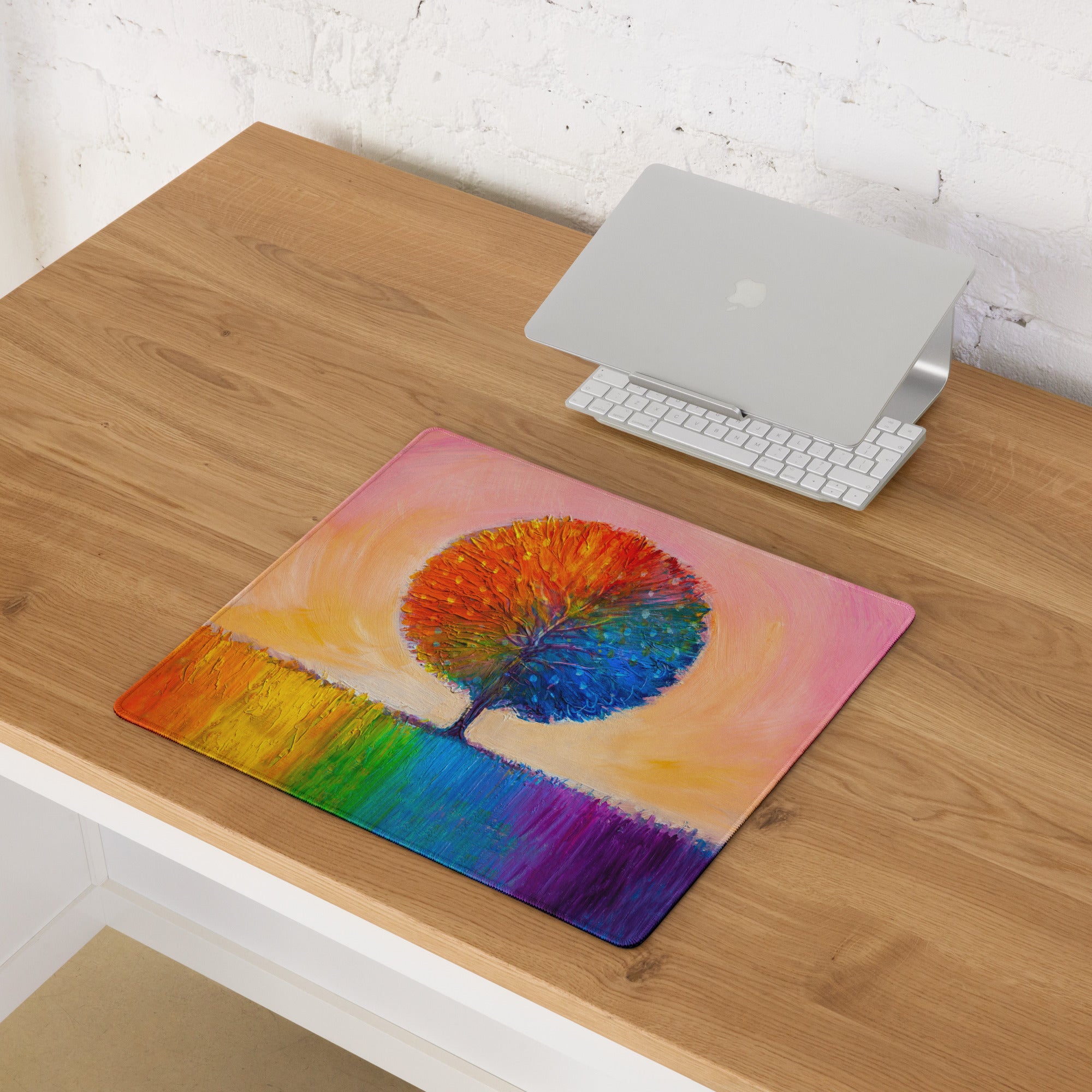 Vivid Rainbow Tree Mouse Pad - Tree Rainbow Multicolor Home Office Abstract Vibrant Contemporary Desk Mat Oil Painting