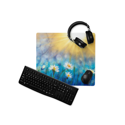 Daisy Field Desk Mat - Daisy Field Blue Gradient Desk Mat Floral Bright Mood Modern Floral Desktop Pad Digital Painting