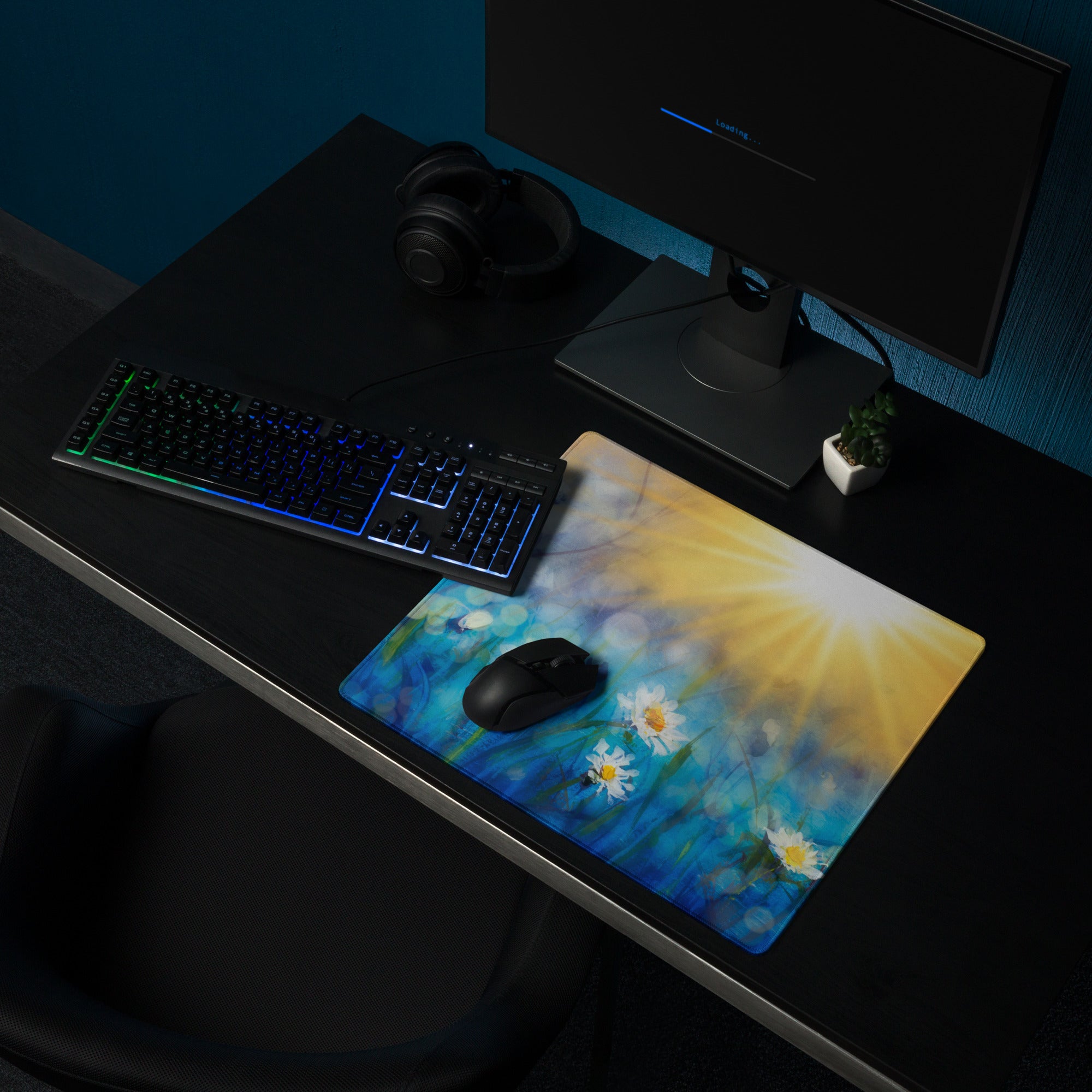 Daisy Field Desk Mat - Daisy Field Blue Gradient Desk Mat Floral Bright Mood Modern Floral Desktop Pad Digital Painting