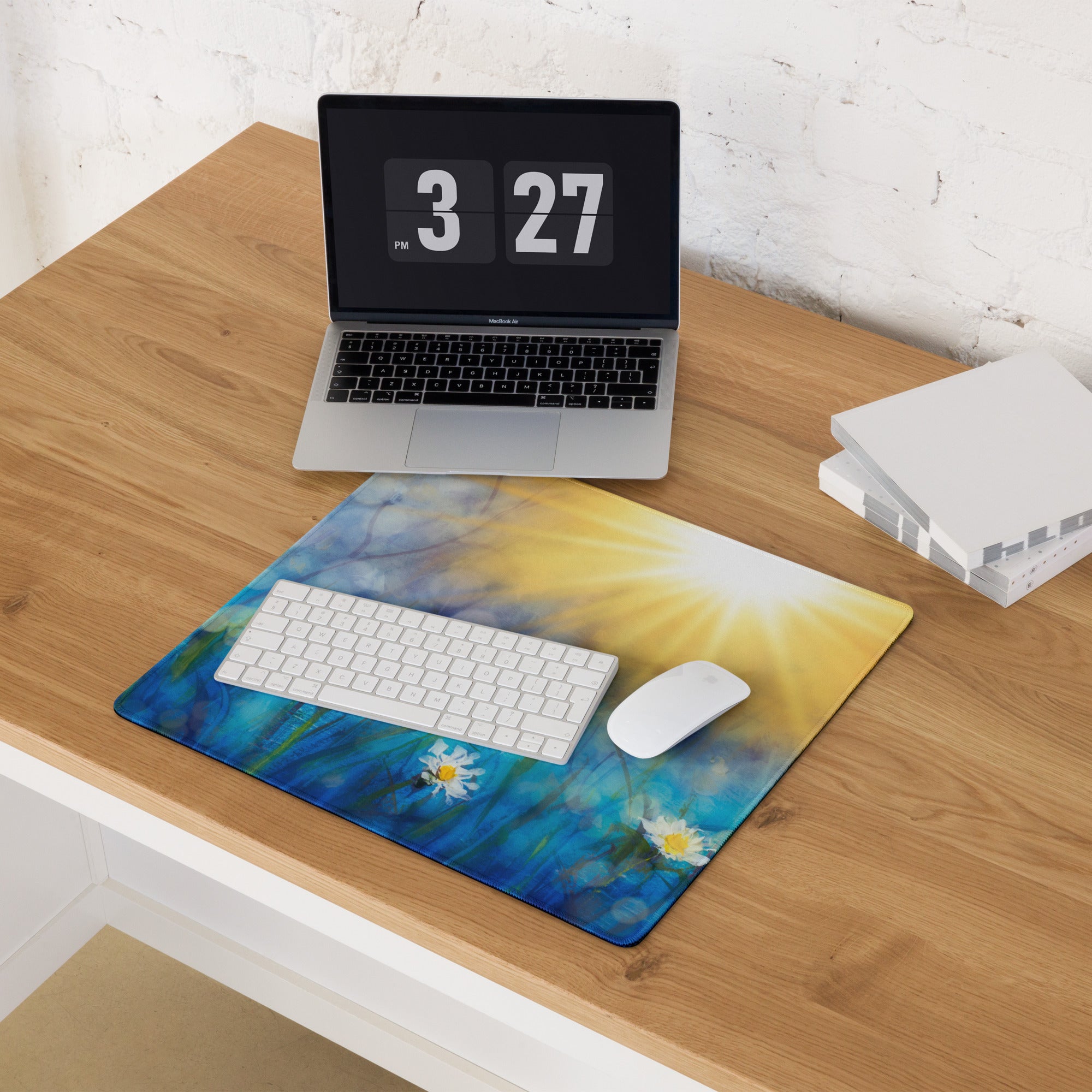 Daisy Field Desk Mat - Daisy Field Blue Gradient Desk Mat Floral Bright Mood Modern Floral Desktop Pad Digital Painting