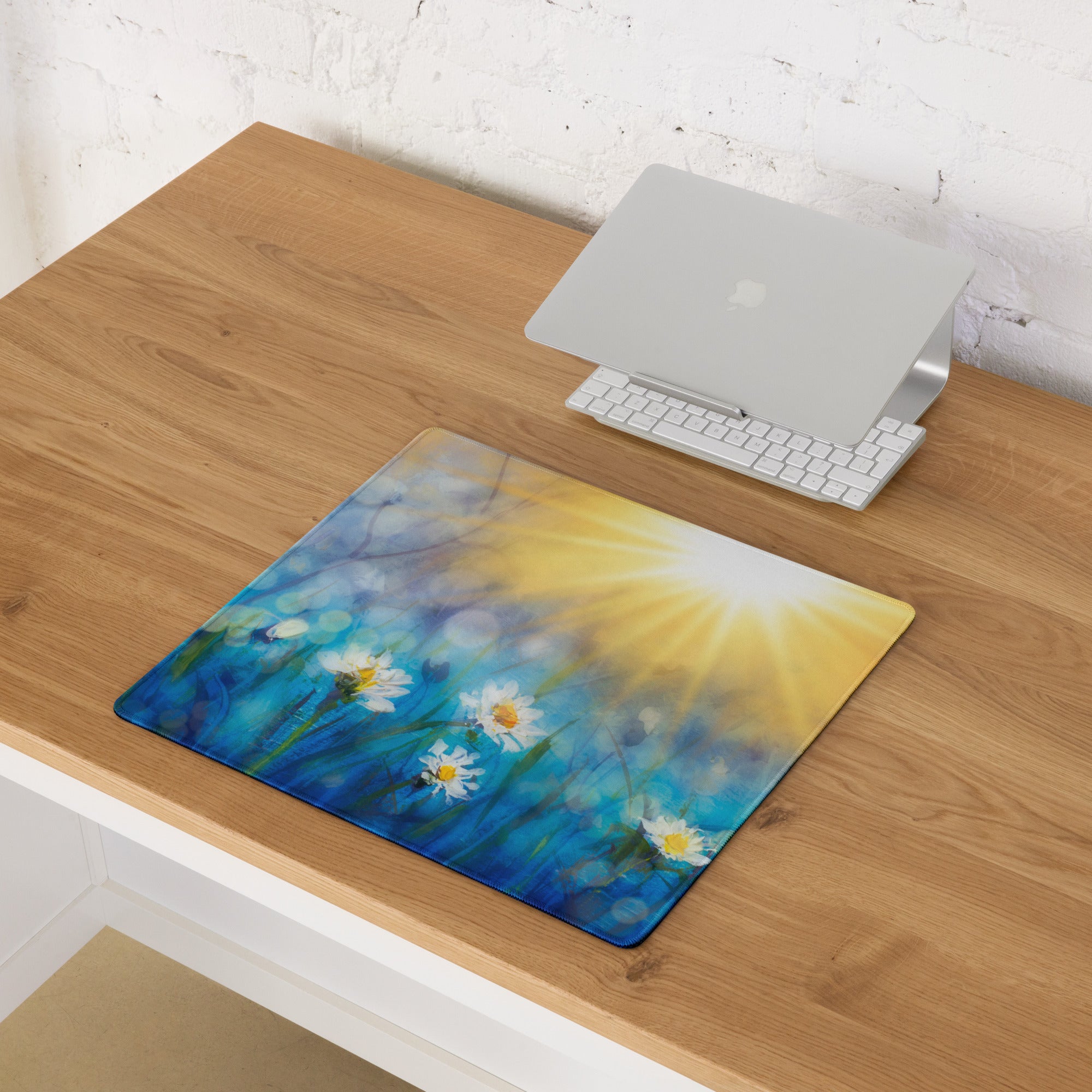 Daisy Field Desk Mat - Daisy Field Blue Gradient Desk Mat Floral Bright Mood Modern Floral Desktop Pad Digital Painting