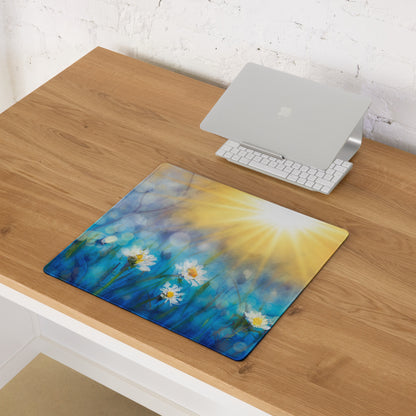 Daisy Field Desk Mat - Daisy Field Blue Gradient Desk Mat Floral Bright Mood Modern Floral Desktop Pad Digital Painting