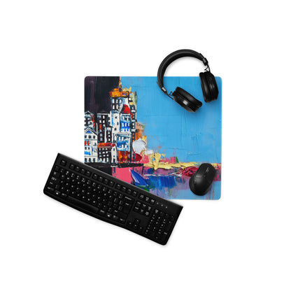 Urban Blues Large Gaming Mouse Pad - Cityscape Blue Desk Impasto Bold Modern Abstract Large Desk Mat Acrylic