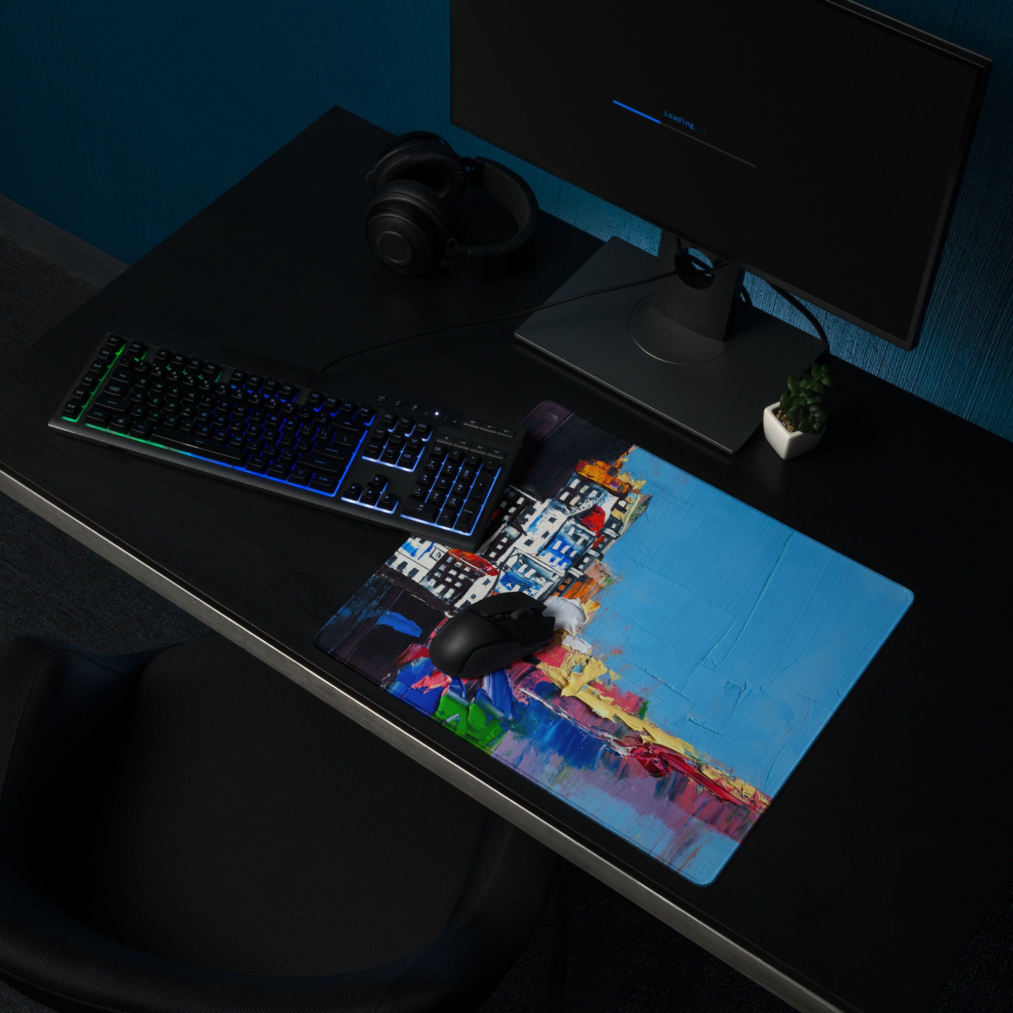 Urban Blues Large Gaming Mouse Pad - Cityscape Blue Desk Impasto Bold Modern Abstract Large Desk Mat Acrylic