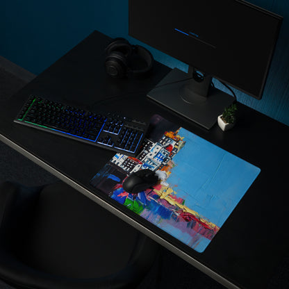 Urban Blues Large Gaming Mouse Pad - Cityscape Blue Desk Impasto Bold Modern Abstract Large Desk Mat Acrylic